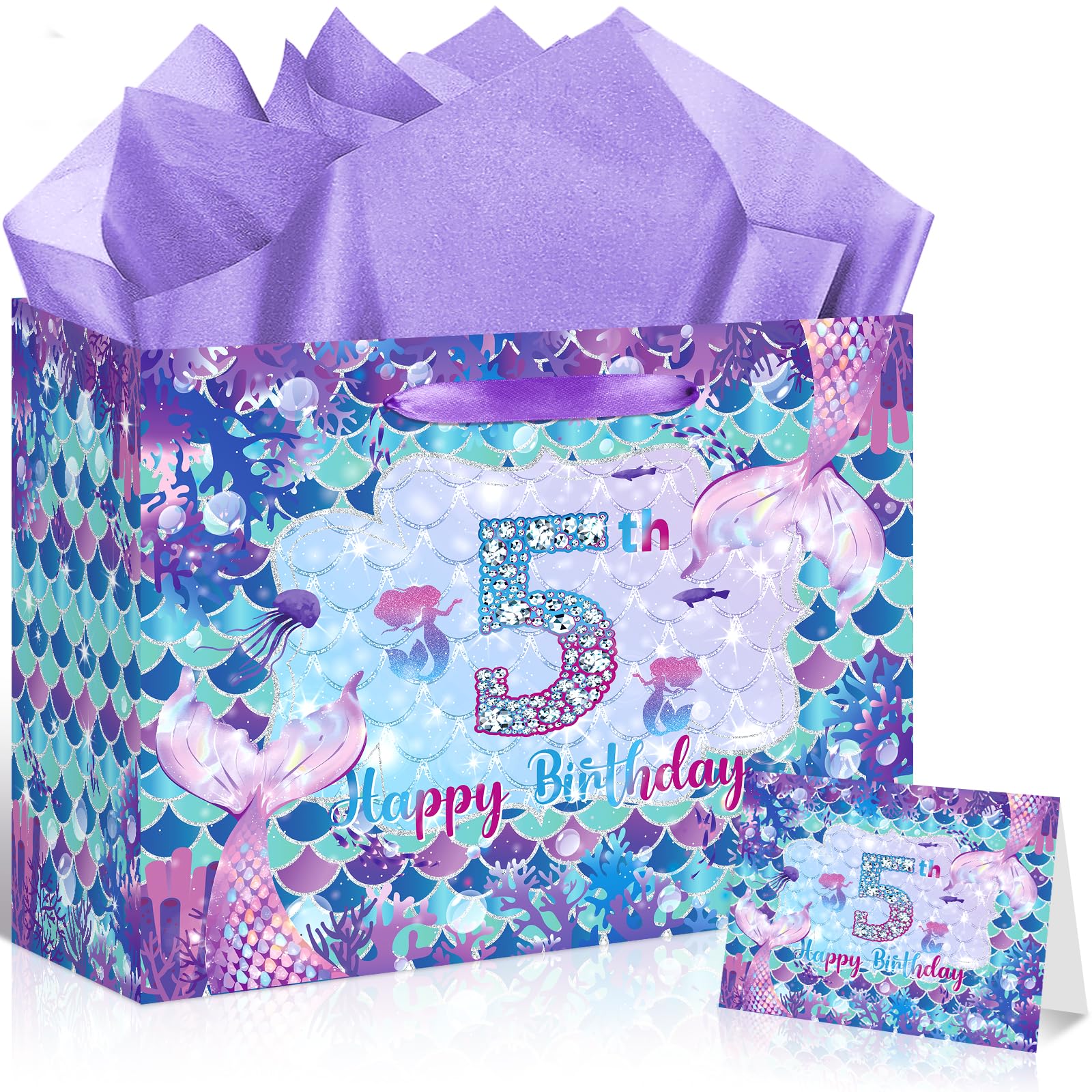 LUUFILx 5th Mermaid Birthday Gift Bag for Girls 5th Purple Mermaid Theme Birthday Wrapping Paper with Tissue Paper Greeting Card Purple Gift Bags with Ribbon Handle for Baby Shower Decor Supplies