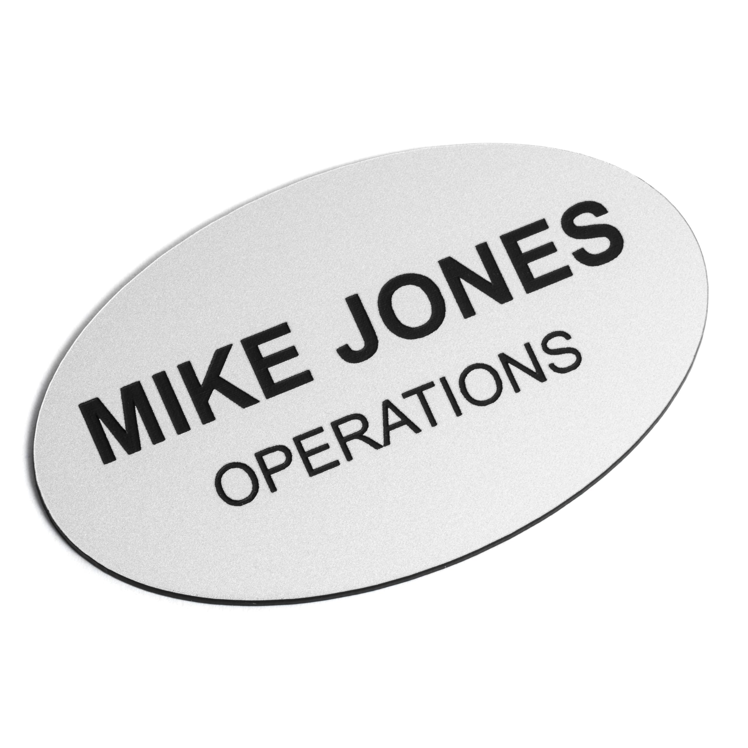 Custom Engraved Name Tag Badges – Personalized Identification with Pin or Magnetic Backing, 3.2 Inch Oval, Silver/Black