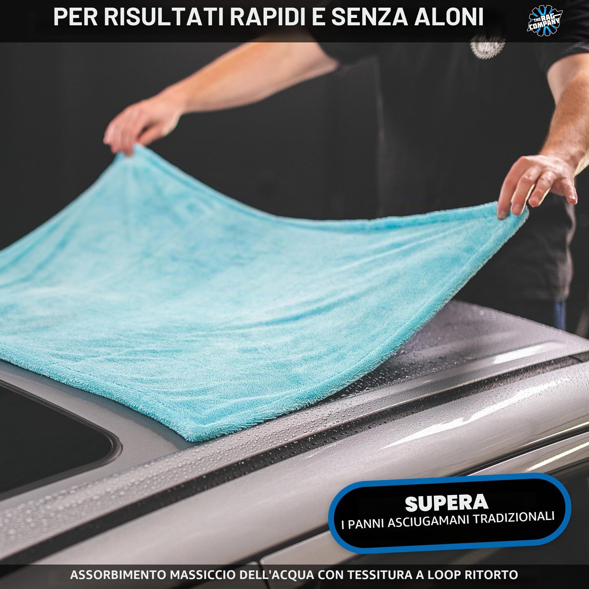 The Rag Company - The Liquid8r - Asciugamani super assorbenti in microfibra 70/30 misti, sicuri per dettagli e graffi, trama ad anello attorcigliato, 1100 g/m², 63,5 x 91,4 cm, blu acqua