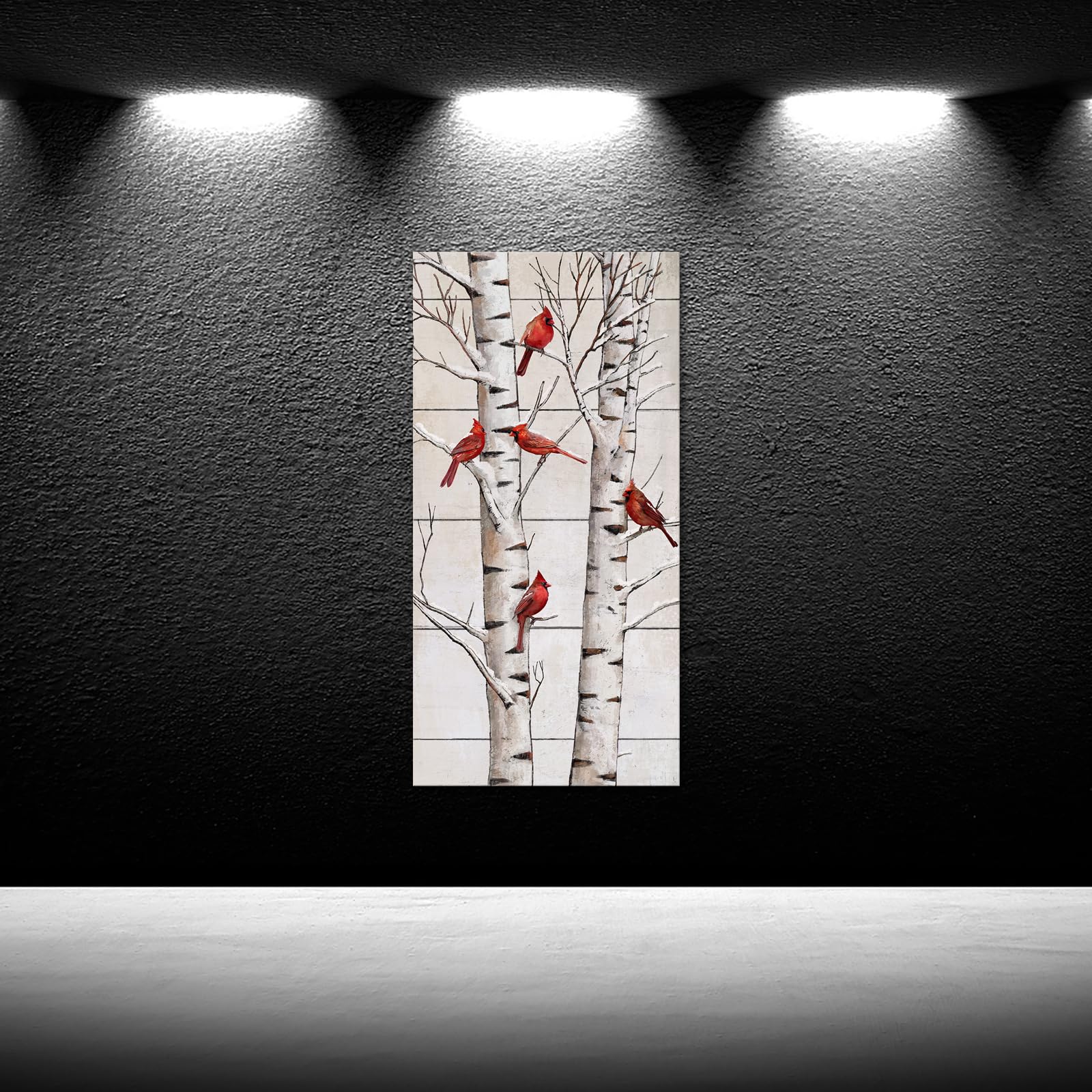 iKNOW FOTO Winter Snow Red Cardinal Bird on Birch Tree Landscape - Rustic Nature Canvas Wall Art 20x40in Vertical - Modern Decorative Painting for Living Room, Bedroom, Office
