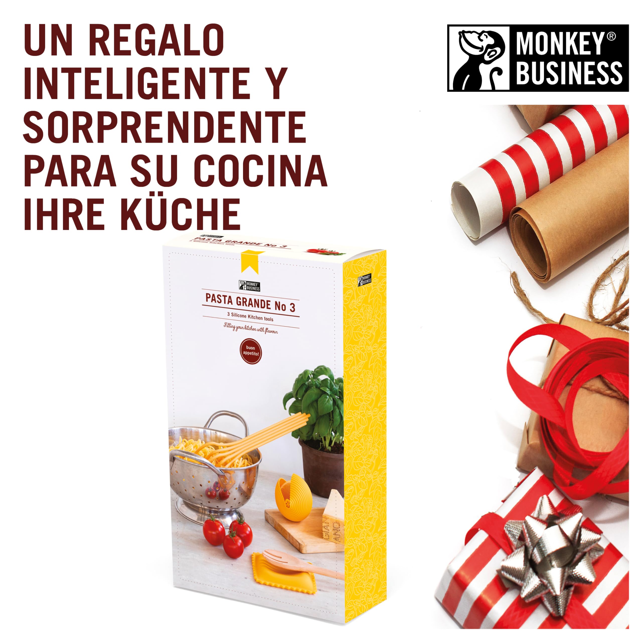 Monkey Business Herramientas de cocina de silicona en caja de regalo/3 utensilios de cocina grandes con forma de pasta/soporte para cuchara de raviolis, exprimidor de limón Conchiglie, cuchara para