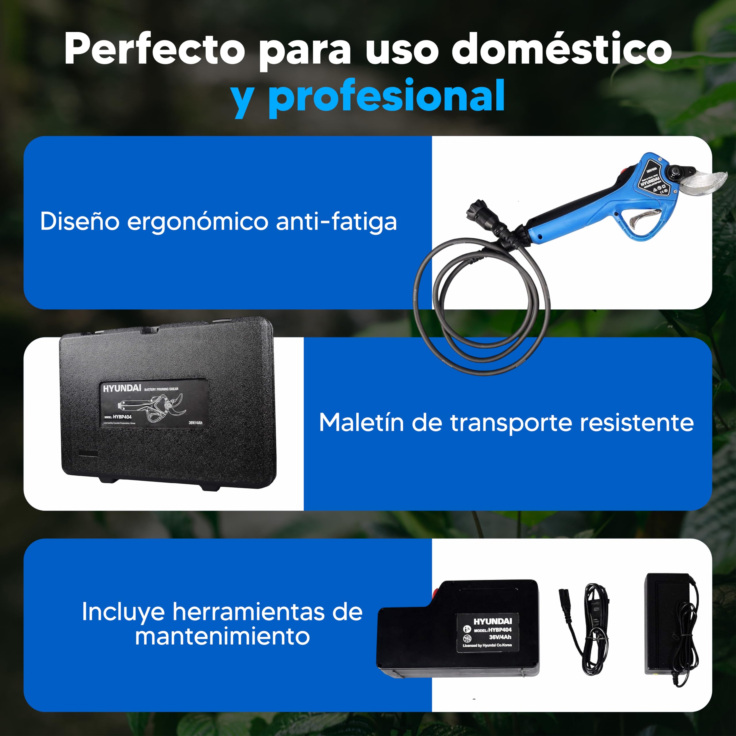Hyundai Tijeras De Podar Electricas - Podadora a Bateria con Diámetro de Corte Ajustable - Podadora Electrica Jardin Potencia 144Wh y Voltaje 36V Trabaja de 6 a 8 horas con el 100% de carga