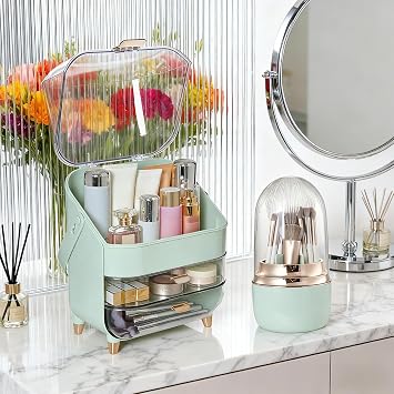 Cosmetics Display Case with Transparent Cover Makeup Brush Holder with Lid Cosmetic Storage Box Suitable for Bathroom Countertop and Bedroom Vanity Dresser 27x18.2x36.5cm(mint green)