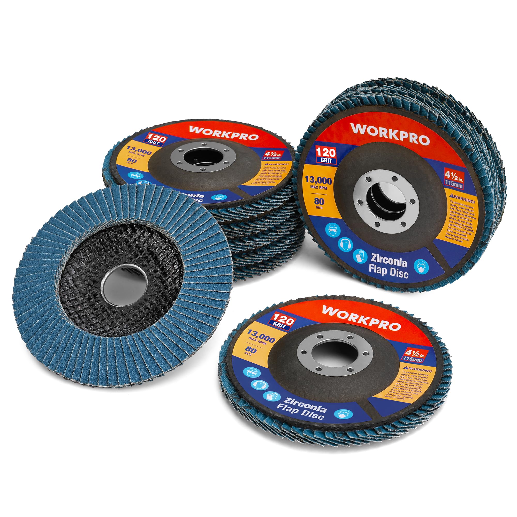 WORKPRO 10-Pack Flap Discs, 4-1/2-inch, Arbor Size 7/8-inch, T29 Zirconia Abrasive Grinding Wheel and Flap Sanding Disc, Includes 120 Grit