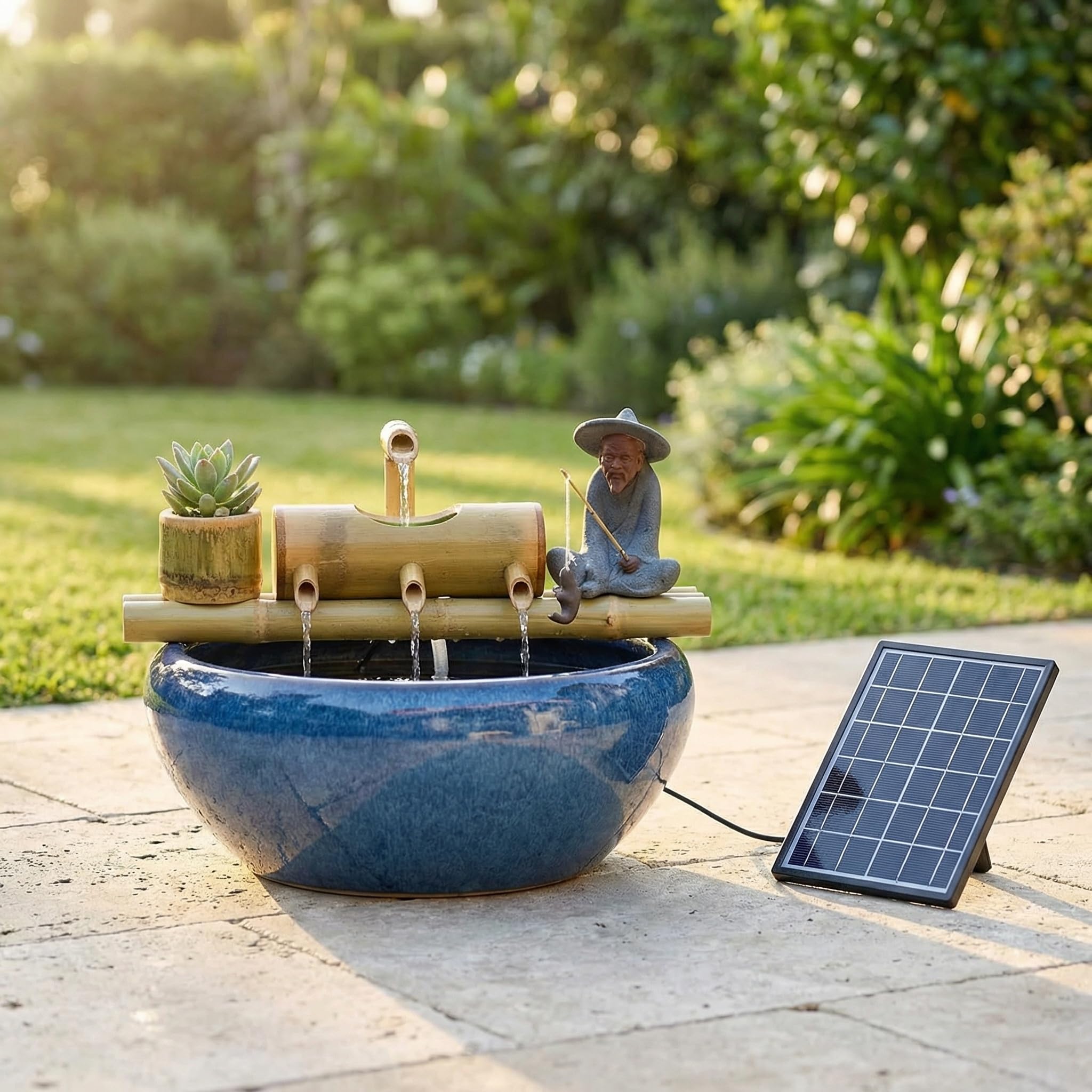 Fontana Ad Acqua in bambù da 45 Cm Ad Energia Solare per Giardino Esterno, Fontana Zen con 4 Uscite Dacqua, Perfetta per Patii E Laghetti - Tranquilla Fontana da Giardino