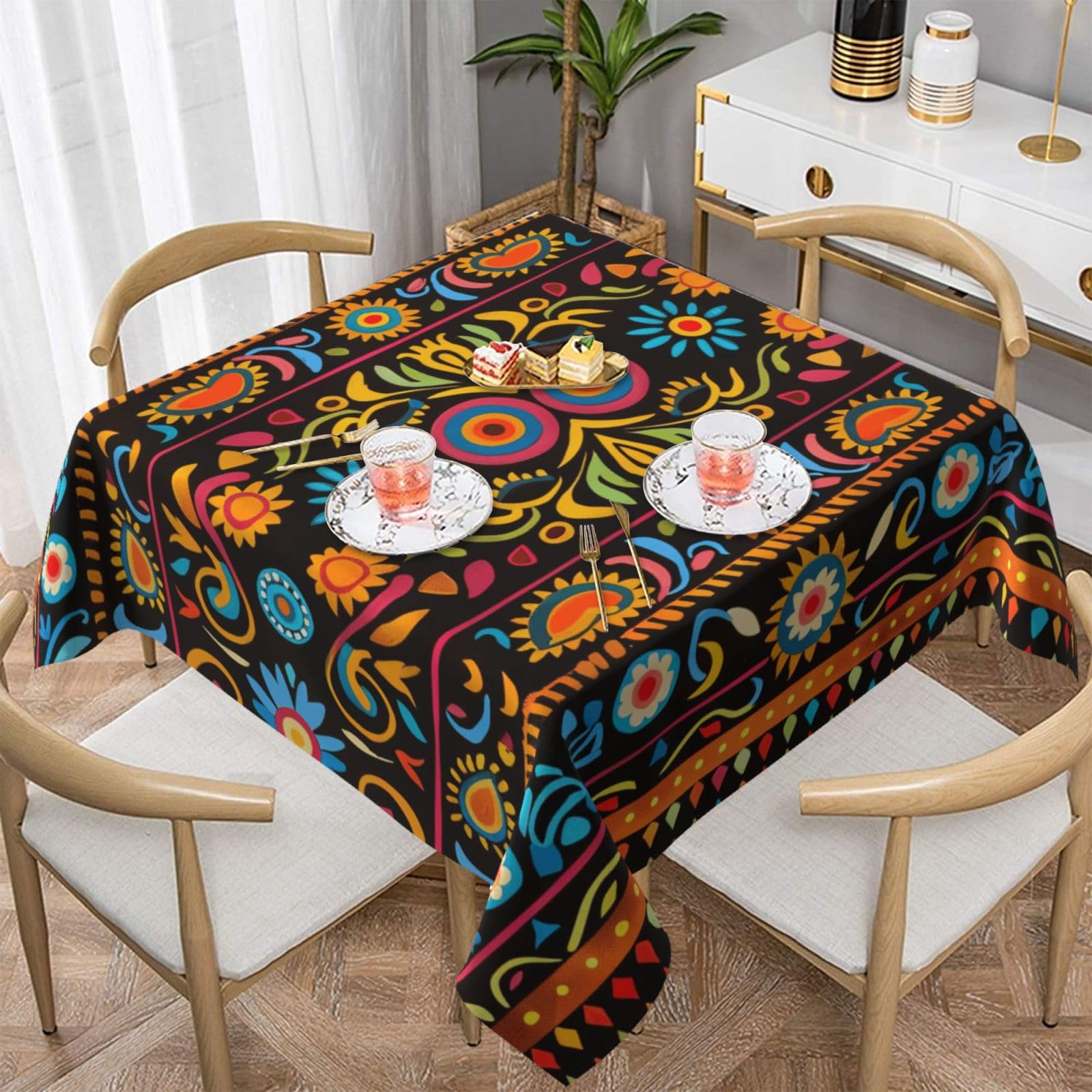 WPKJU Mexican Folk Art Boho Printed Square Tablecloth 54x54 inch Water Resistant Table Cover Washable Rectangle Table Cloth for Dining Tables