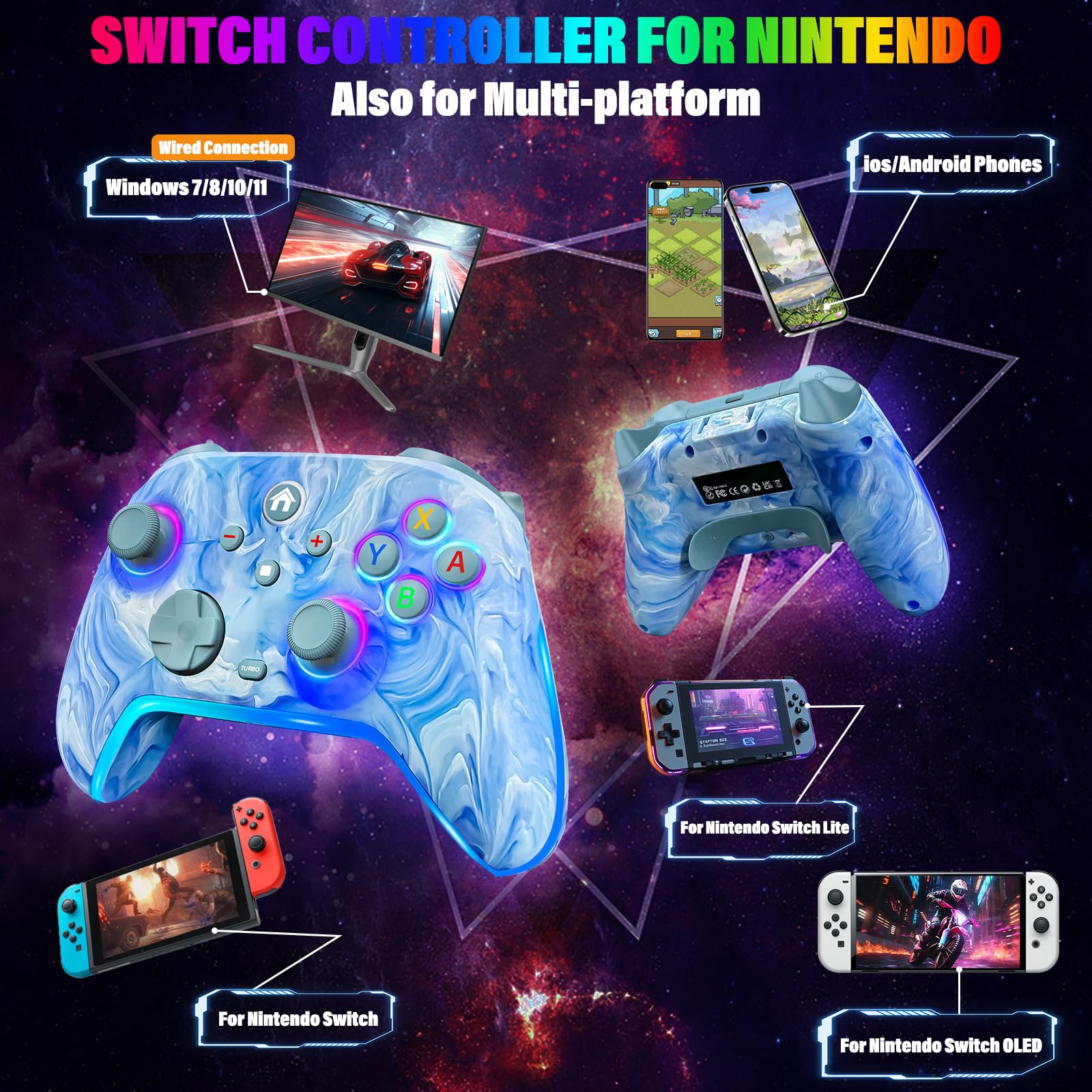 RJAD Controller di commutazione wireless per Nintendo Switch/Lite/OLED/Switch 2, controller Pro da 1200 mAh, interruttore LED a 10 colori che si illuminano, interruttore turbo remoto con turbo