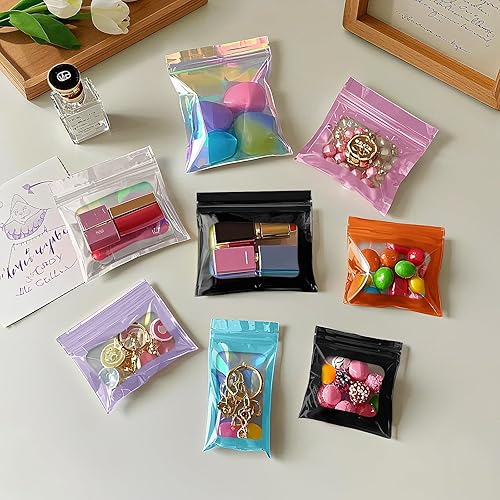 Miniatura 5 de 100 bolsas de mylar a prueba de olores, bolsa de embalaje holográfico resellable con ventana transparente para almacenamiento de alimentos,