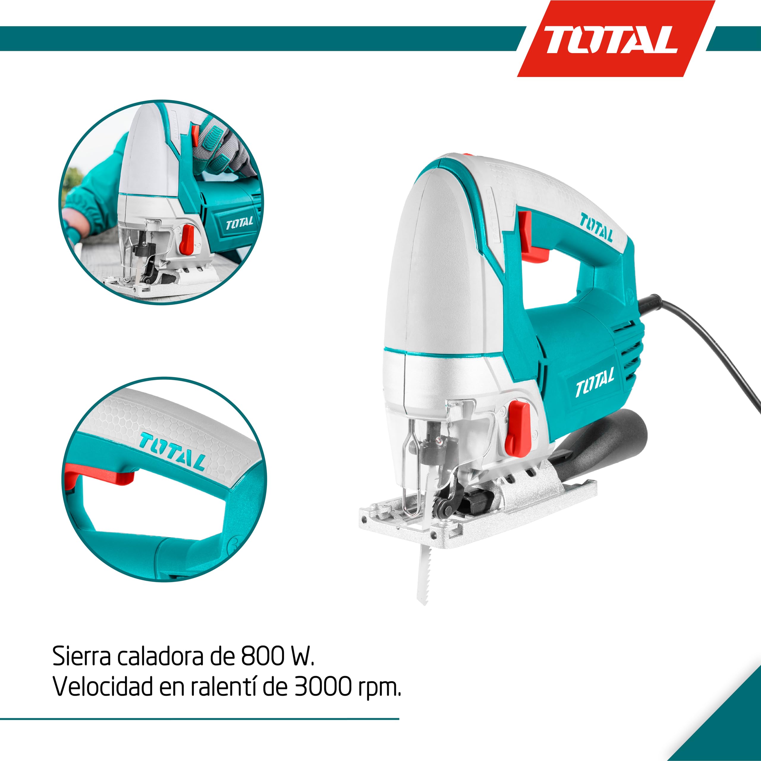 TOTAL - Sierra Caladora de Cable con Potencia de 800 W - Herramienta para Cortar Metal y Madera - Velocidad Variable 3000 rpm - 4 Posiciones de Corte - Incluye 5 Hojas de Sierra