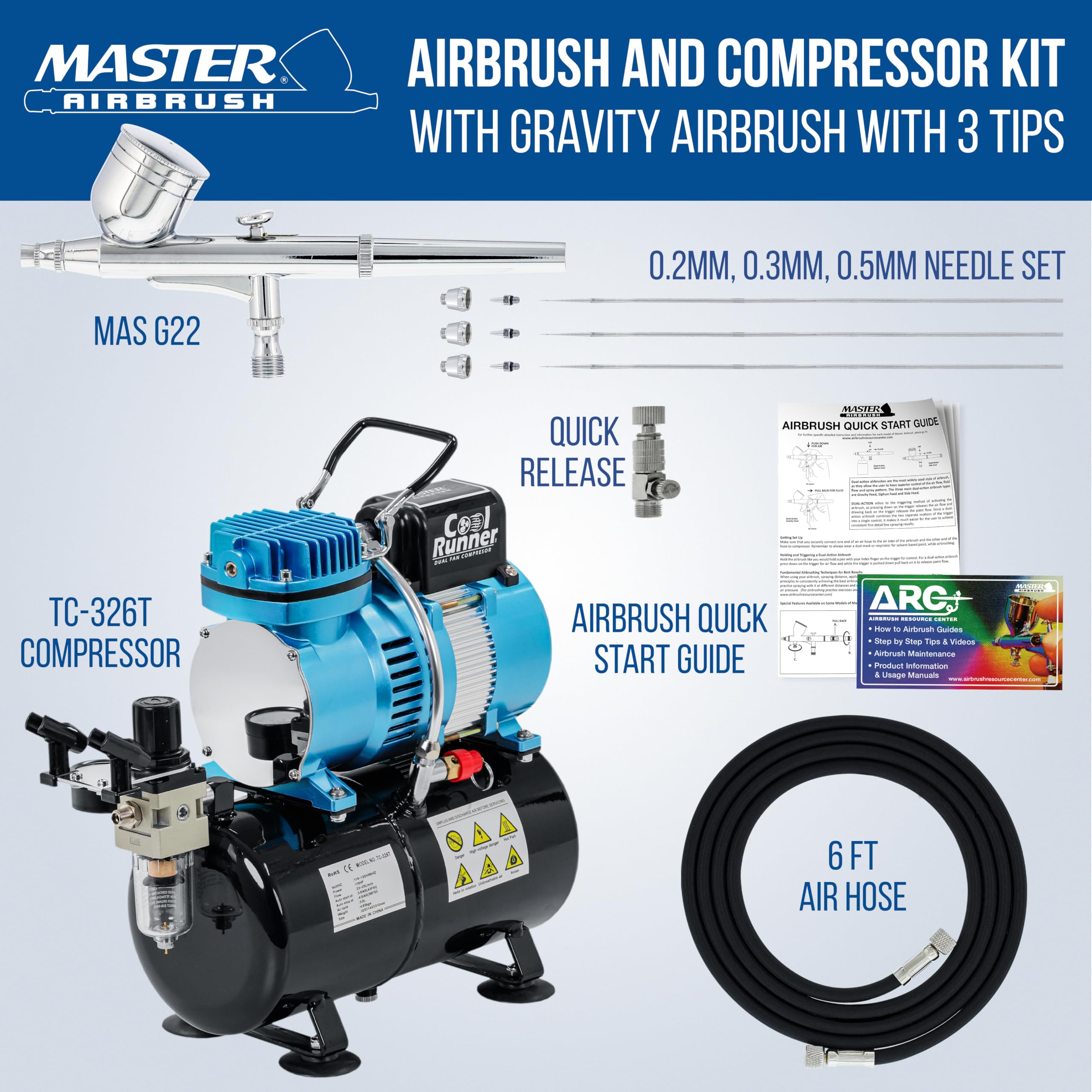 Master Airbrush Cool Runner II Dual Fan Airbrush and Compressor Kit with Gravity Air Brush with 3 Tips (0.2, 0.3 & 0.5mm Nozzle Tip), Compressor with Tank