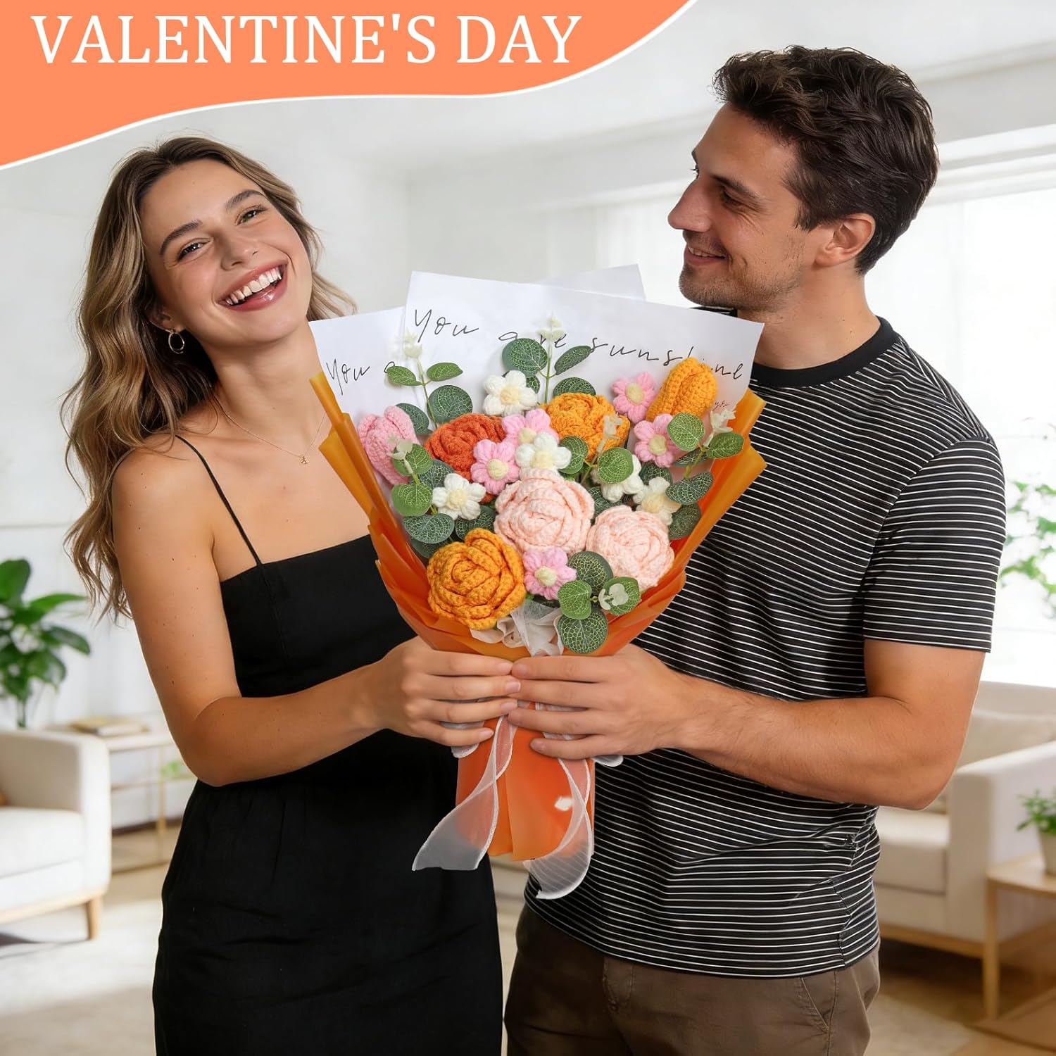 LOMOHOO Crochet Flower Bouquet, Orange Hand Knitted Artificial Flowers with Crochet Tulip Rose for Valentine's Day, Wedding, Anniversary, Birthday, Gift for Lover Girlfriend Wife Mother Women