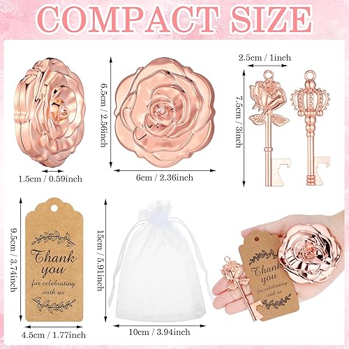 Miniatura 2 de Juego de 50 recuerdos de fiesta de boda, incluyendo espejos compactos de rosa, espejo de maquillaje, abridor de botellas, bolsas de organza blanca,