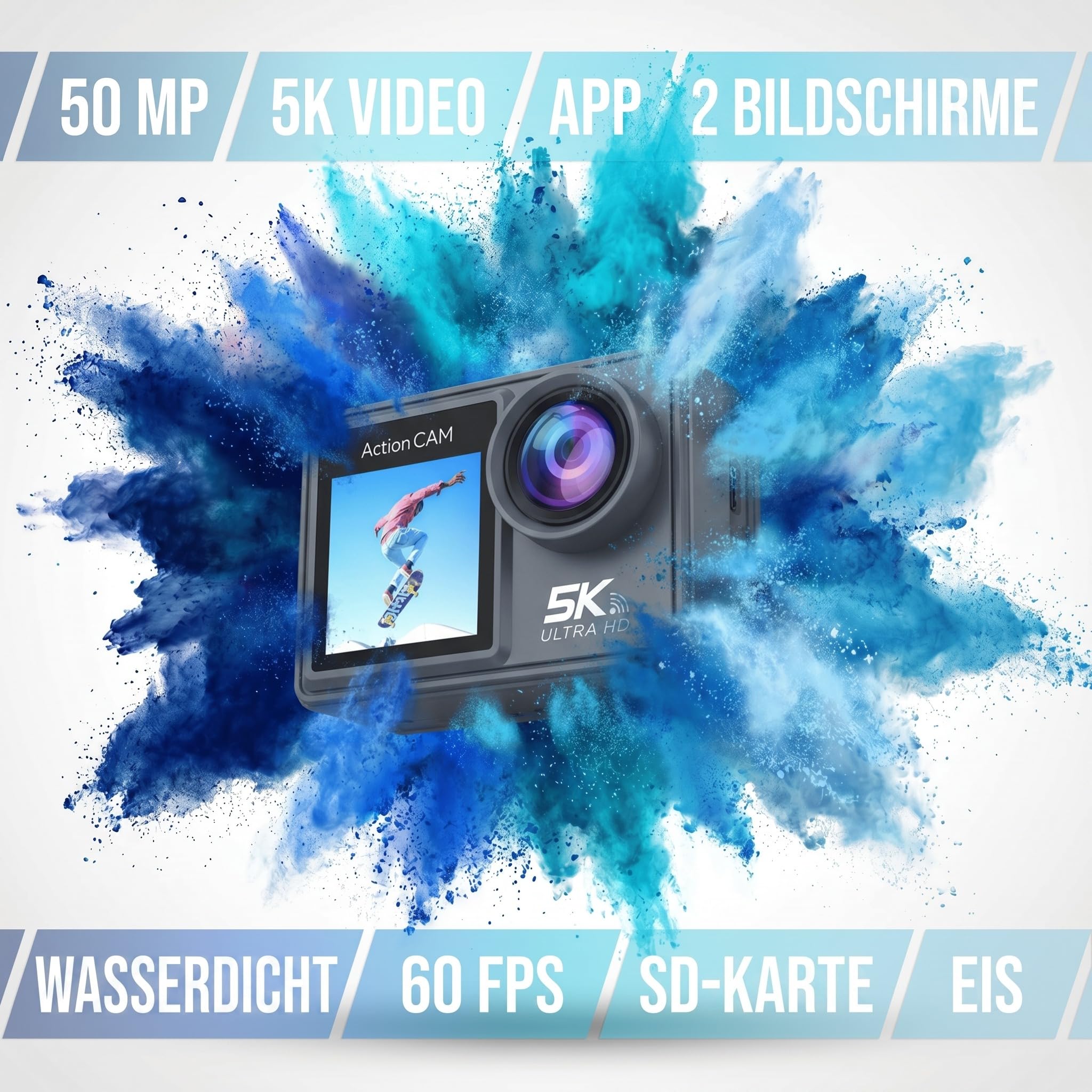 Senzo Action Cam 5K - 50MP - 60FPS - WiFi - Fotocamera subacquea - 30M - Fotocamera digitale - Videocamera - Stabilizzazione dell'immagine - Incl. 32GB SD