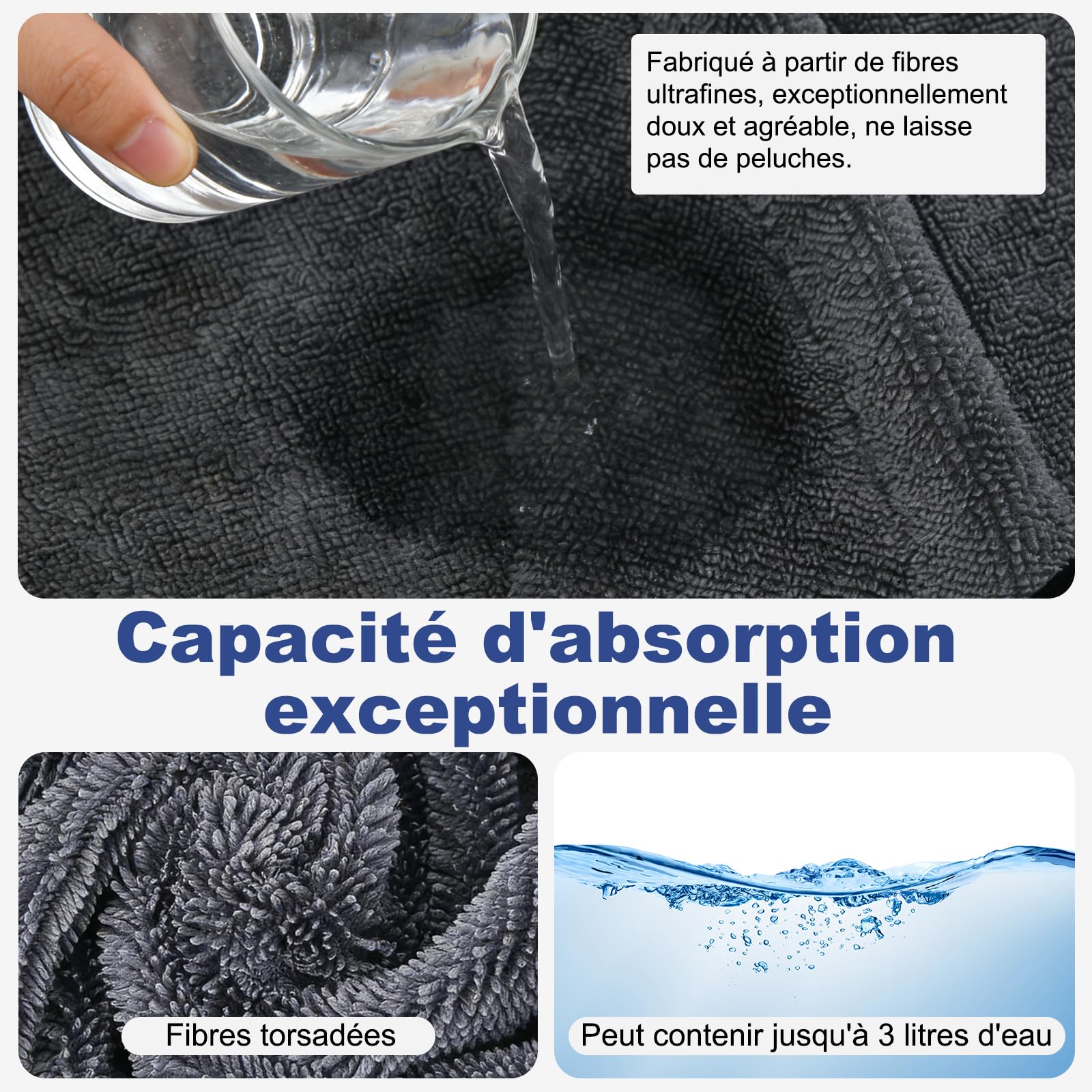 New Auto Chiffon de séchage XXL en microfibre, absorbant, non pelucheux, doux pour la peinture de voiture et de moto, 90 x 60 cm, 1800 g/m²