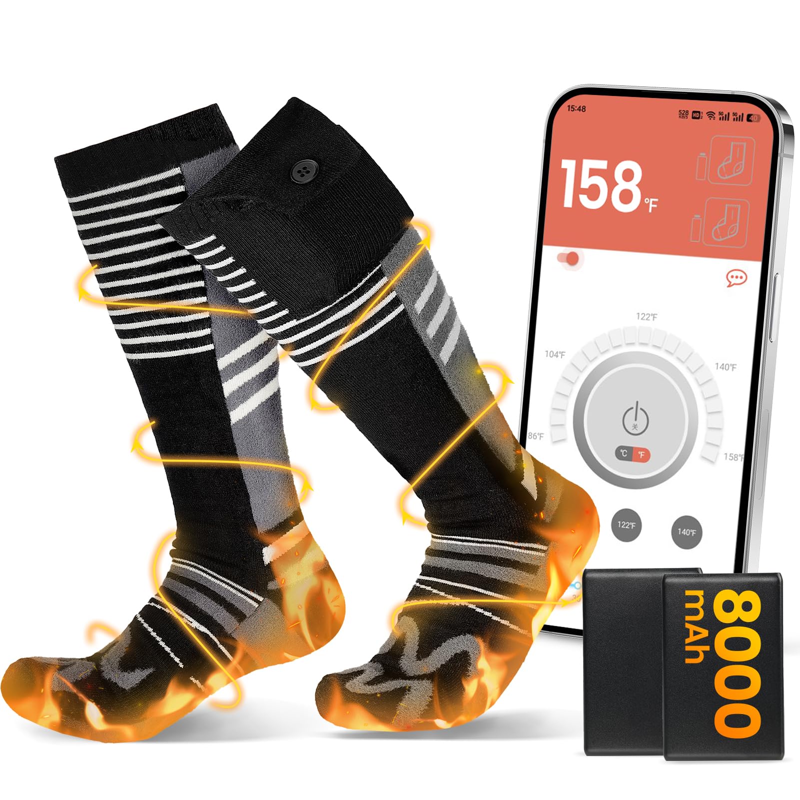 8000mAh Heated Socks: 14-Hour Long-Lasting Battery Life Rechargeable Electric Socks | APP-Controlled | Cold Weather Foot Warmer Socks for Men Women | Outdoor Hunting Skiing Camping Hiking