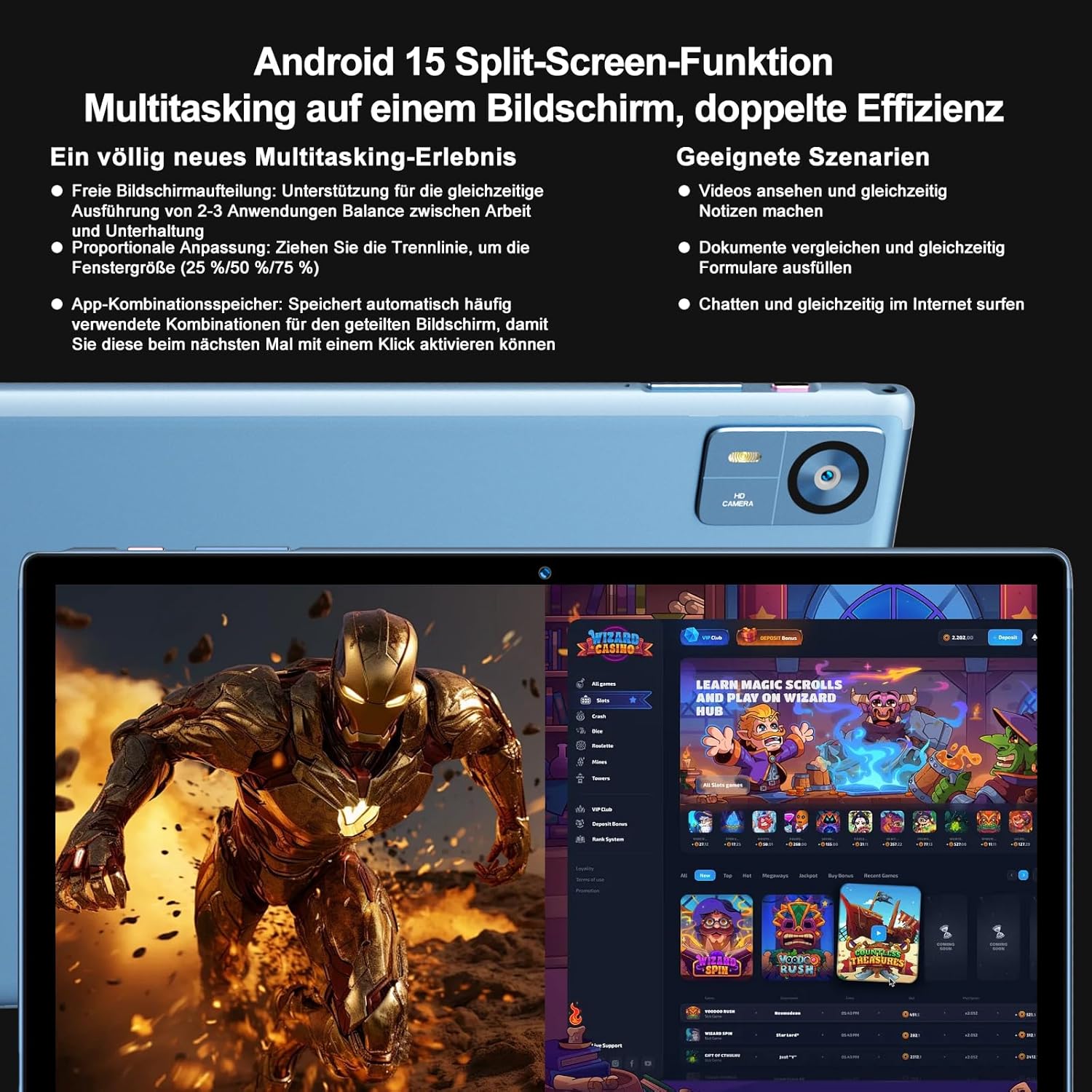 SUAAT 2025 Tablet 10 Inch Android 15 with 30GB + 128GB, WiFi 6, BT 5.0, 6000mAh, Dual Camera 8+5MP, 1280 x 800, Cast, OTG, Type C, with Case, Keyboard & Mouse Sky Blue – Bild 7