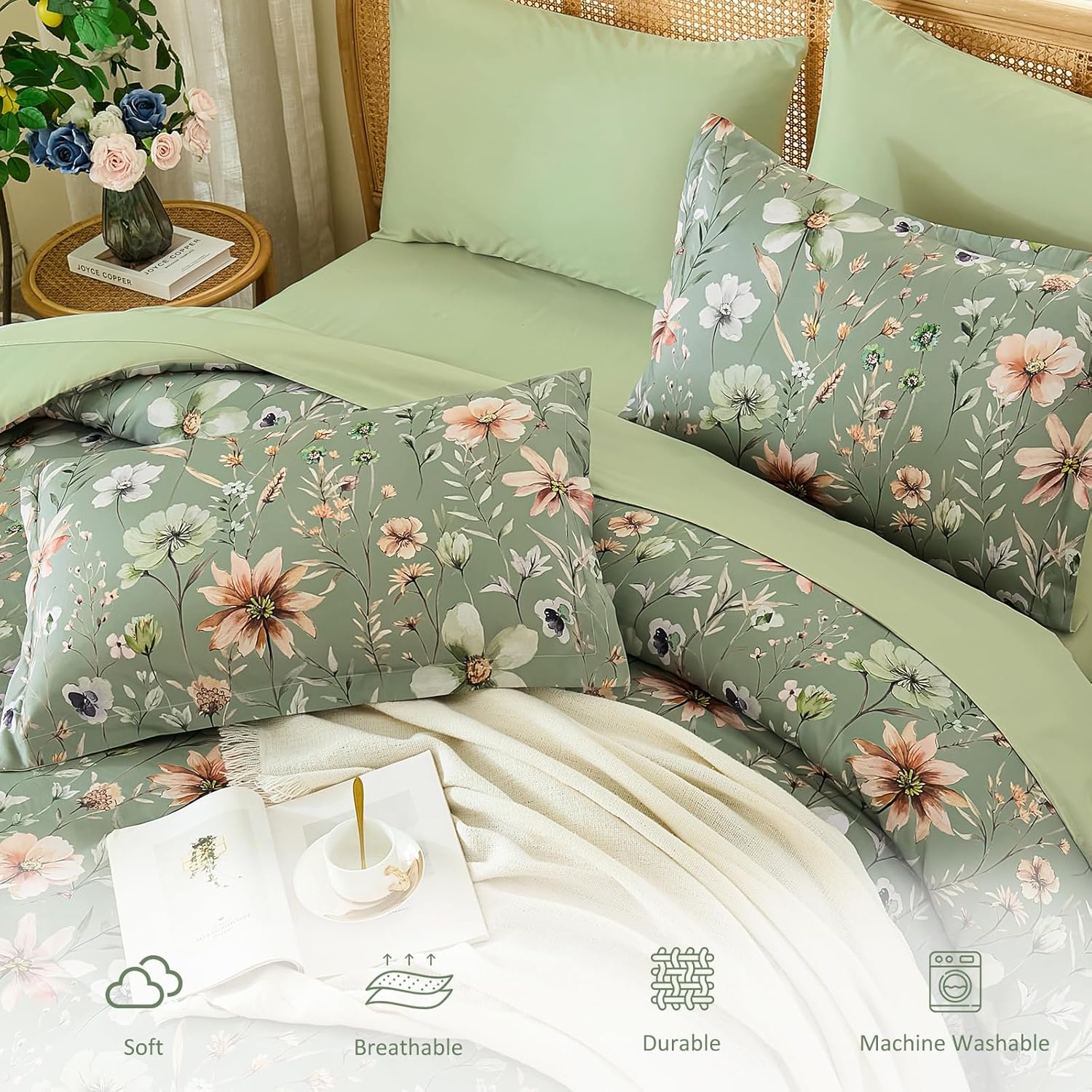 Luxudecor King Floral Comforter Set 7 Pieces,Sage Green Floral Comforter with Sheet Set,Flowers Leaves Pattern Bed in a Bag,Soft Microfiber Bed Set 104"x90" - Image 4