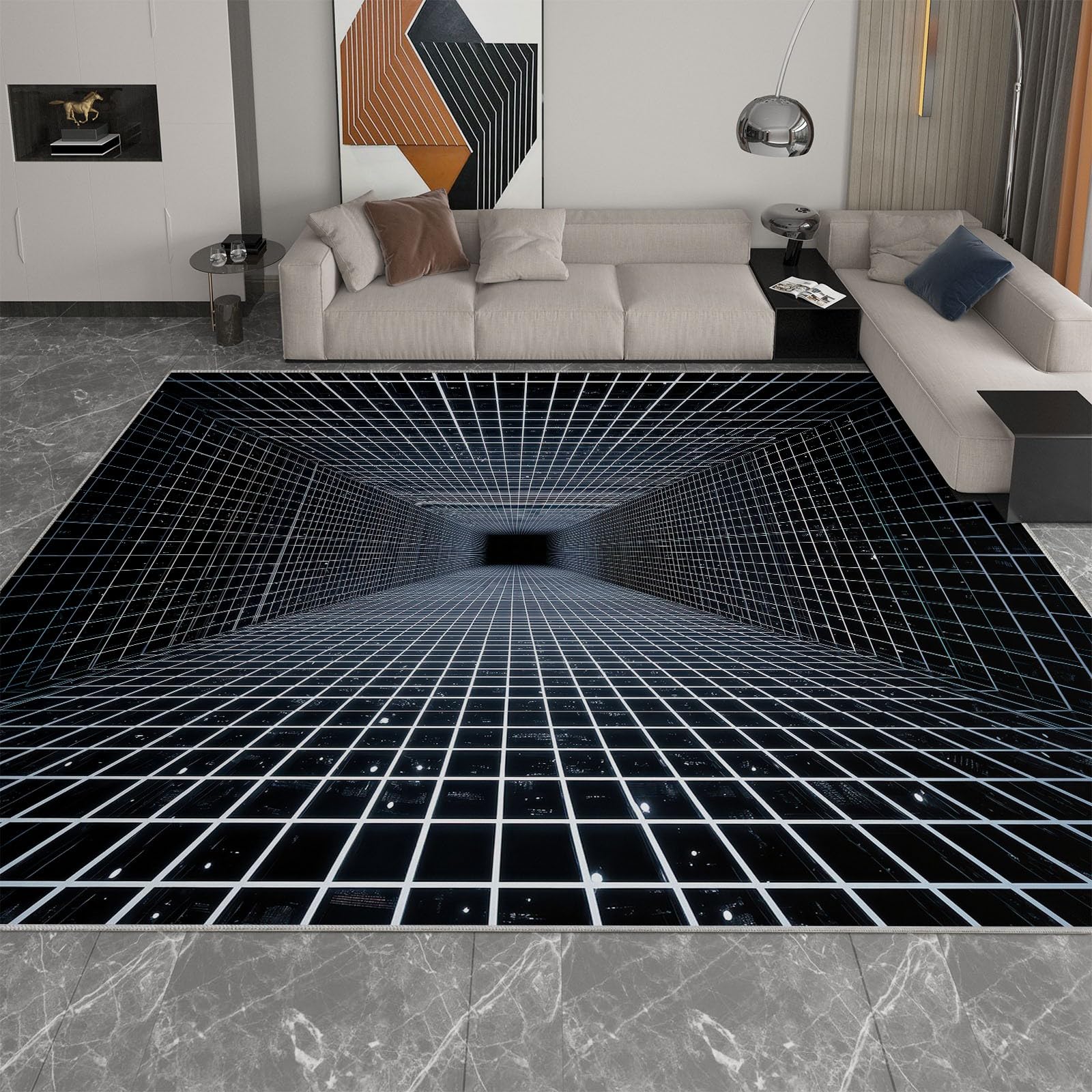 Miękki antypoślizgowy dywan 180 x 240 cm kratka białe klocki geometryczne dywaniki do sypialni z krótkim włosiem, złudzenie optyczne zmywalny antypoślizgowy dywan, do sypialni korytarze salon kuchnia