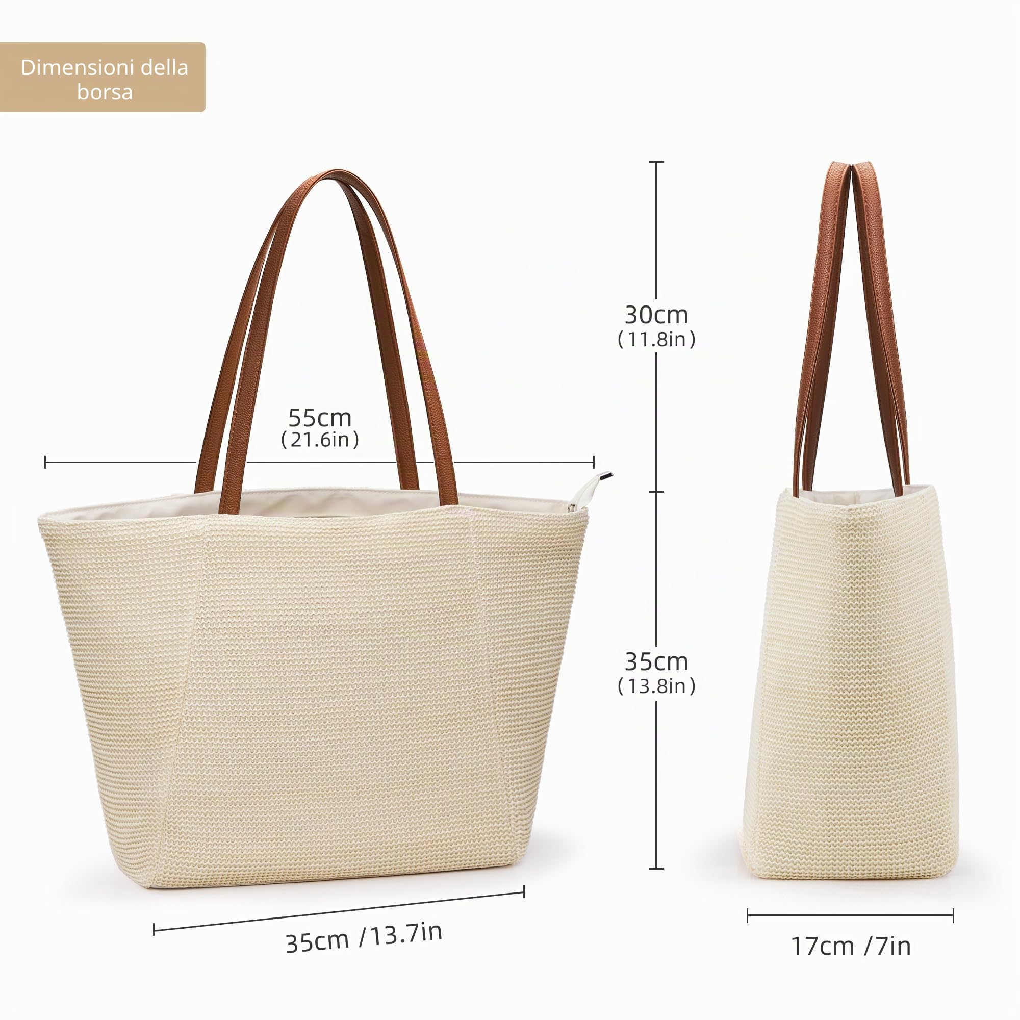 KALIDI - Grande borsa di paglia, borsa da spiaggia con cerniera, in plastica riciclata marina, design simile alla paglia, borsa tote per vacanze estive e uso quotidiano