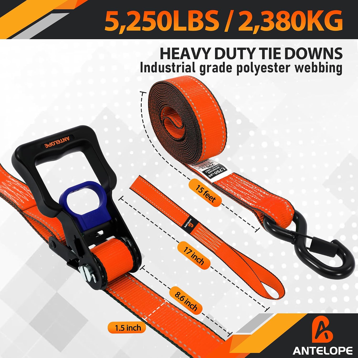 Ratchet Tie Down Straps Set, 5250 LBS Breaking Strength, 4 Pack 1.5" x 15' Heavy Duty Ratchet Straps, Cargo Strap, Motorcycle Straps for Trucks, Bicycle, Kayak, Moving, Tie Downs with S Hooks, Orange