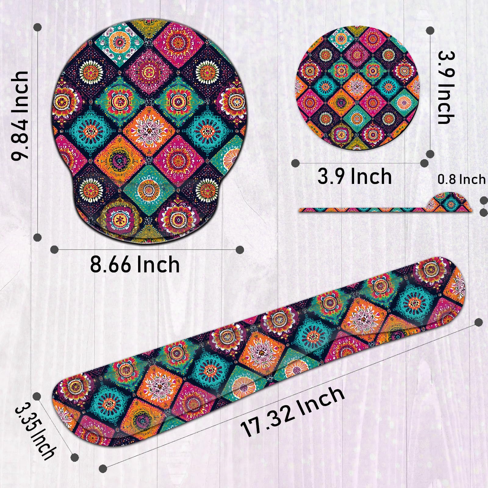 Repose-poignet pour clavier et souris avec dessous de verre - Base antidérapante en polyuréthane avec mousse à mémoire de forme ergonomique surélevée pour taper et soulager la douleur - Mandala floral