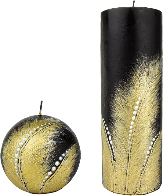 Candle Gift Set Beautiful Handmade Hand-Painted Candles in Black and Gold Colour with a Unique Feather Pattern Specially Designed by Qualified Artists