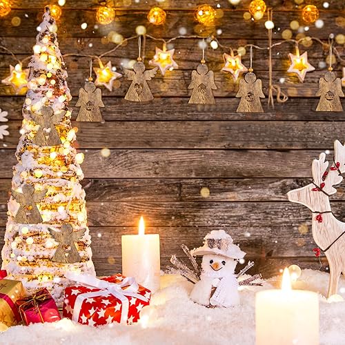 Miniatura 7 de Chenkaiyang Paquete de 24 adornos de ángel de madera para casa de campo, adornos de ángel de madera de Navidad a granel, adornos colgantes para