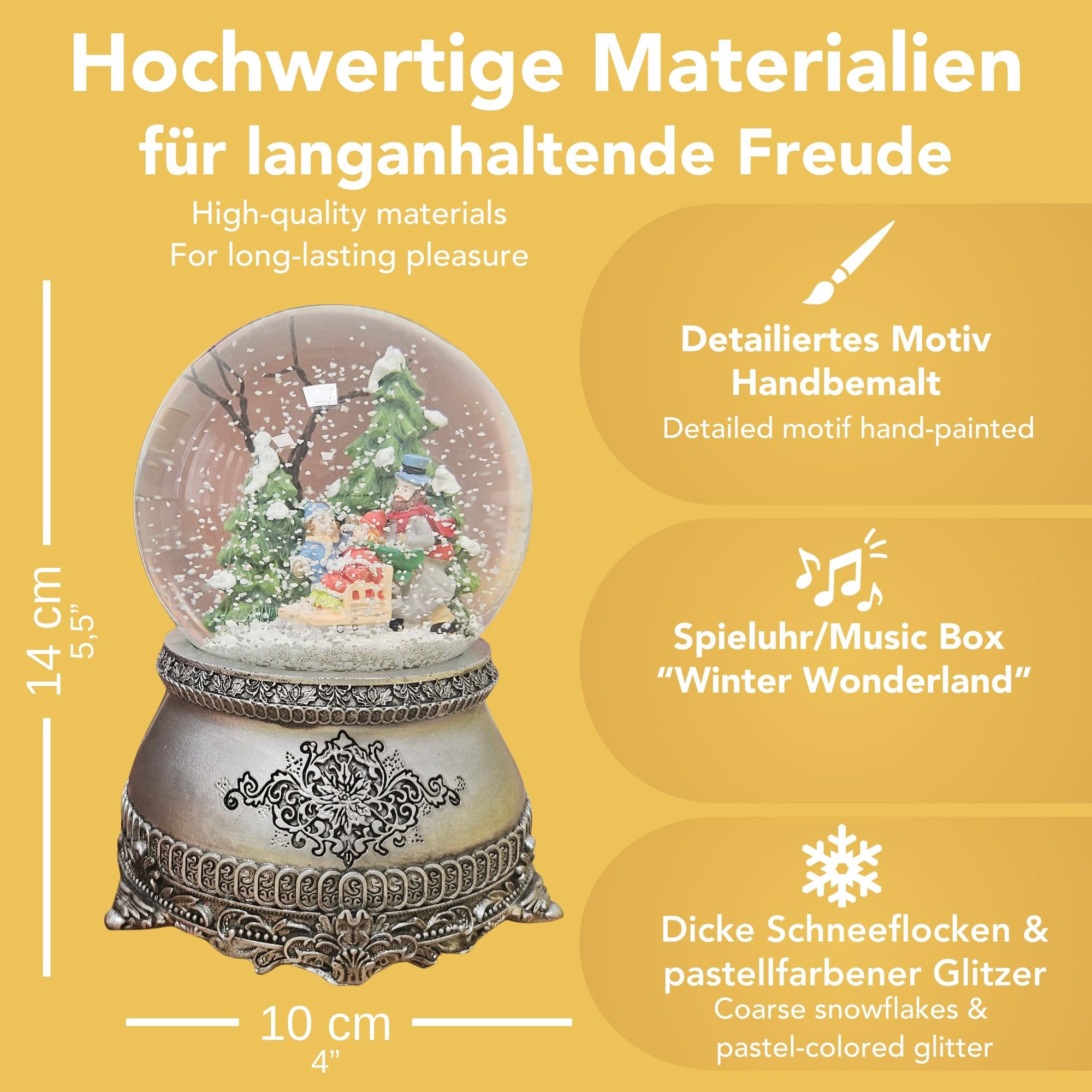 Weihnachts-Schneekugel mit Musik | Schneekugel Winterspaziergang mit Familie | Sockel Zinnoptik Ornamente | 100mm breit, 140mm hoch | mechanische Spieluhr | Weihnachtsdekoration | 20316