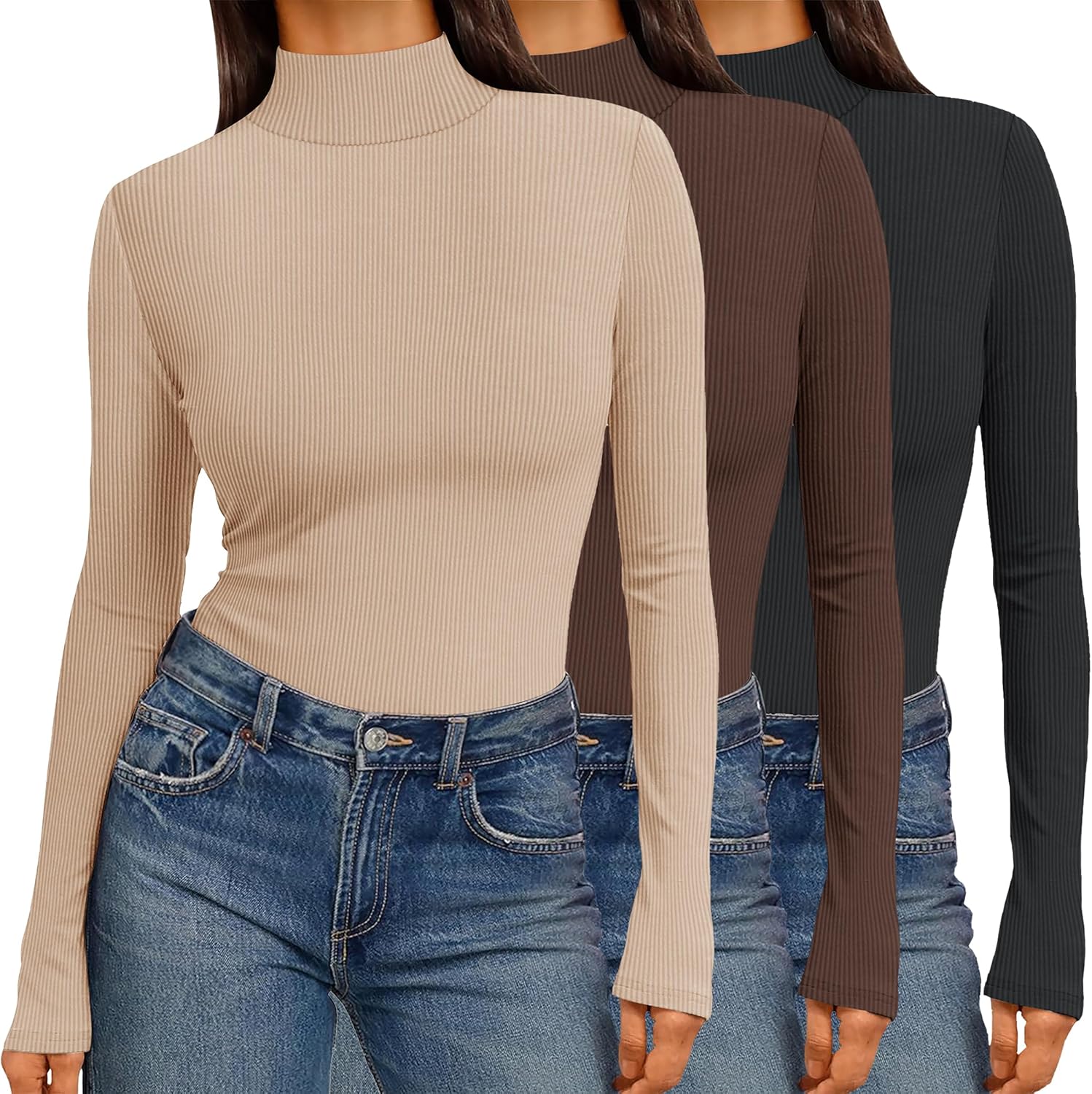 Ekouaer Women 3 Pack Turtleneck Shirts Ribbed Thermal Underwear Tops Lightweight Long Sleeve Layer Tees Basic Pullover Blouse