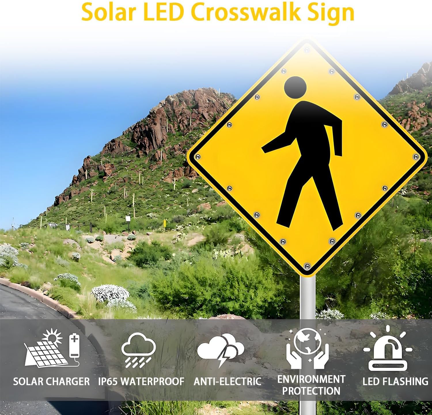 24in Solar Powered LED Flashing Pedestrian Crossing Sign with Reflective Film & Mounting Accessories - Ideal for Parks, Schools & Safety Zones