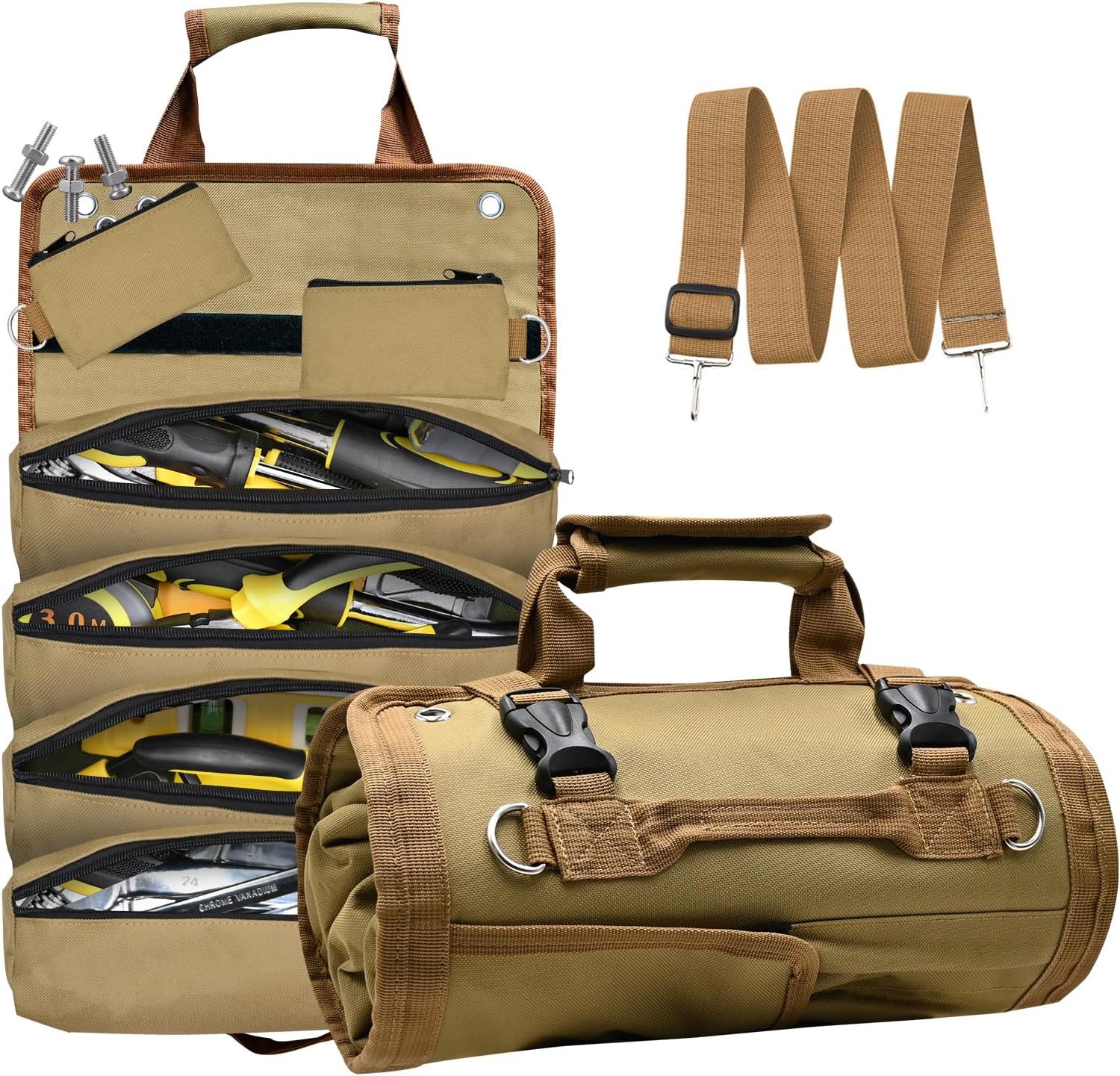 Roll Up Tool Bag, Heavy Duty Tool Roll Bag, Tool Roll Organizer with 2 Detachable Pouches, 900D Waterproof Oxford Cloth, Gifts for Dad, Men/Women, Mechanic, Electricians, Repairman, Khaki