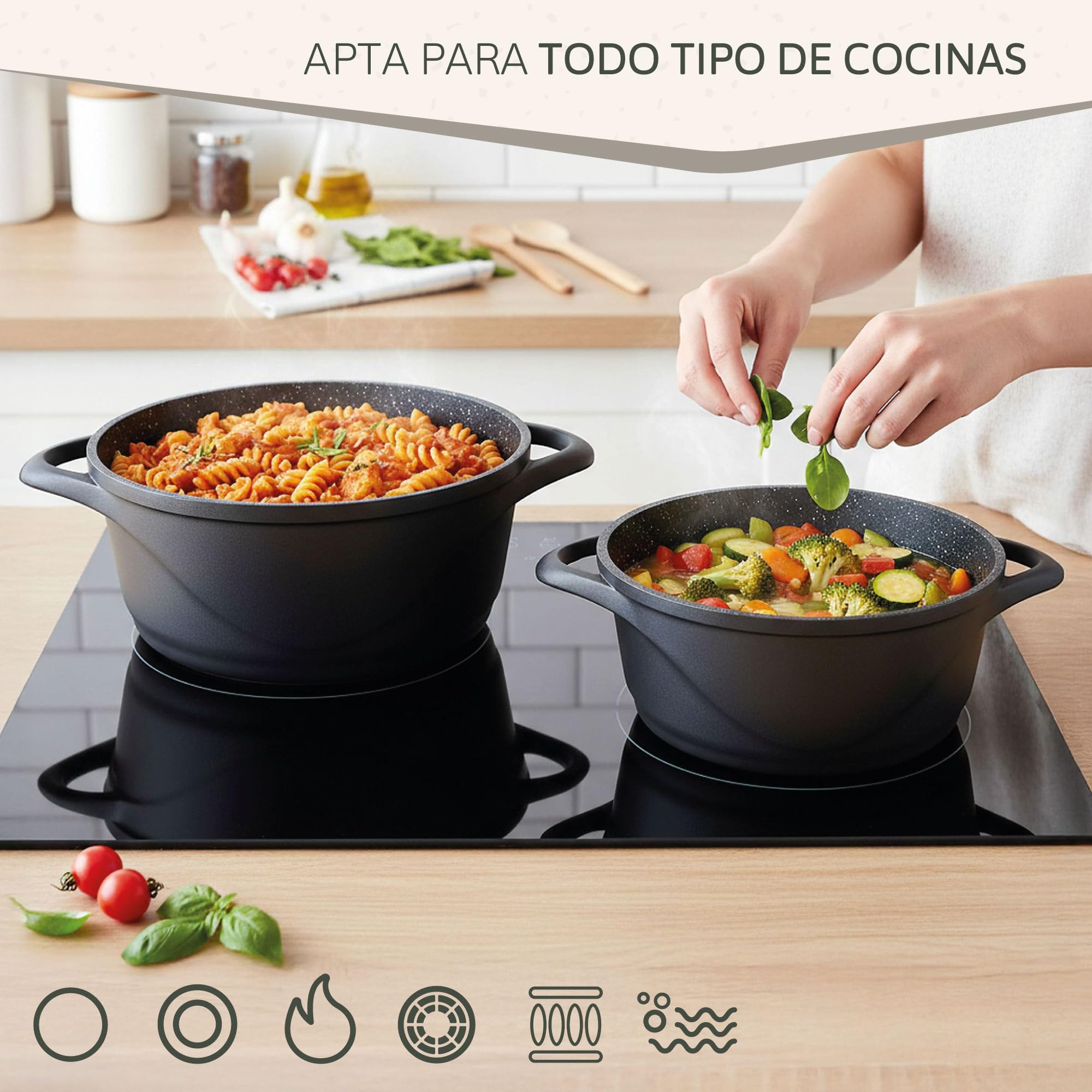 briebe Batería Cocina Inducción 8 Piezas, Juego 4 Ollas Aluminio Fundido, Antiadherente ILAG GRANITEC sin PFOA, Set Cazuelas Tapas Cristal, Guantes Silicona, Vitrocerámica, Gas, Horno.