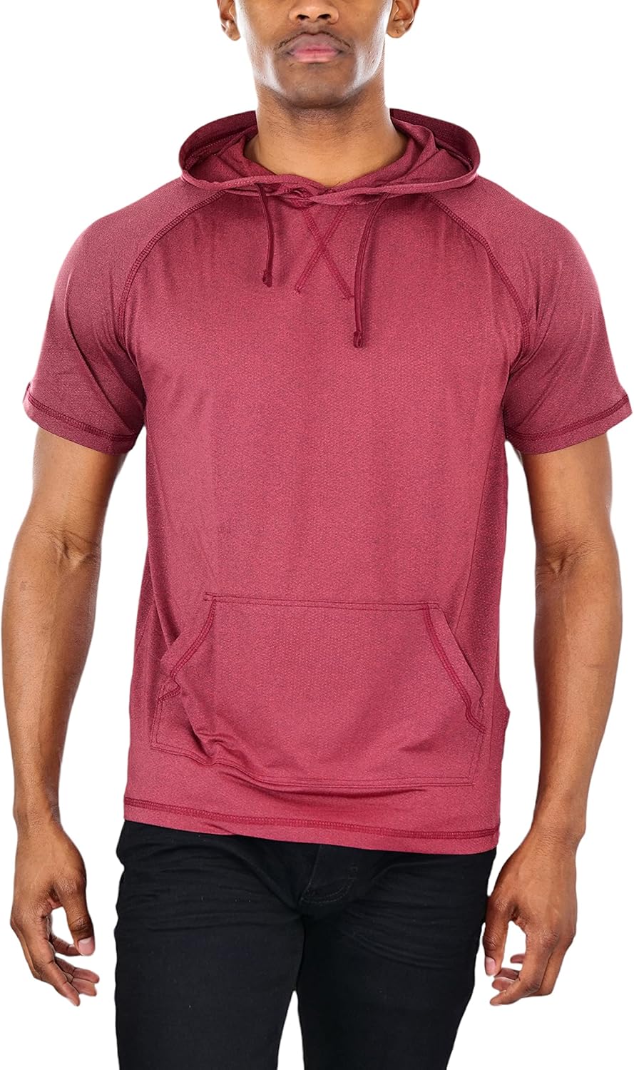ToBeInStyle Men's Lightweight Raglan Heather Short Sleeve Pullover Drawstring Hoodie w/Kangaroo Pocket - Burgundy - S - Image 4