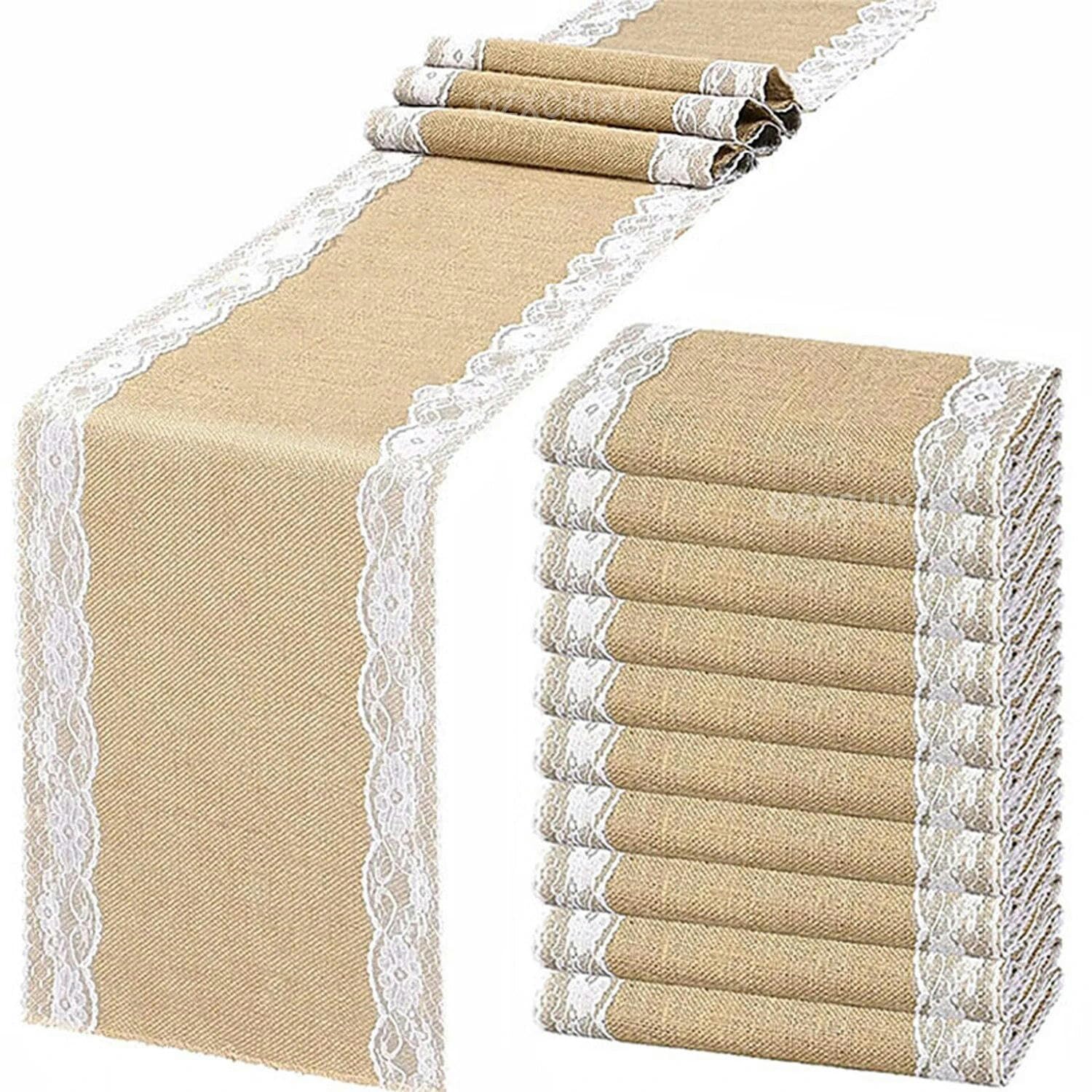 RAEF Chemin de Table en Jute, 30x275cm, 5 pièces, Chemin de Table Rustique en Toile de Jute et Dentelle hessienne pour décorations Artisanales de Mariage et de fête
