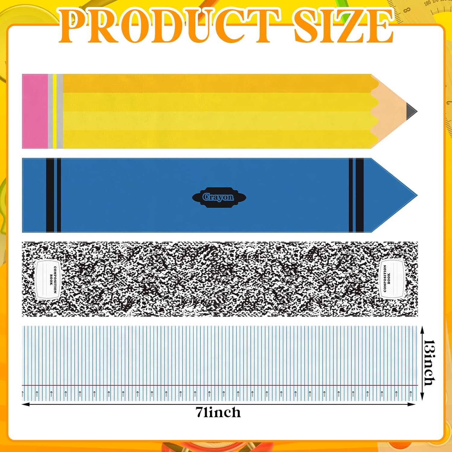 Breling 4 Pcs Back to School Decorations Table Runner First Day of School Pencil Crayon Ruler Notebook Style Table Cloth Preschool Kindergarten Classroom Decor for Dining Room Party Hybrid Style