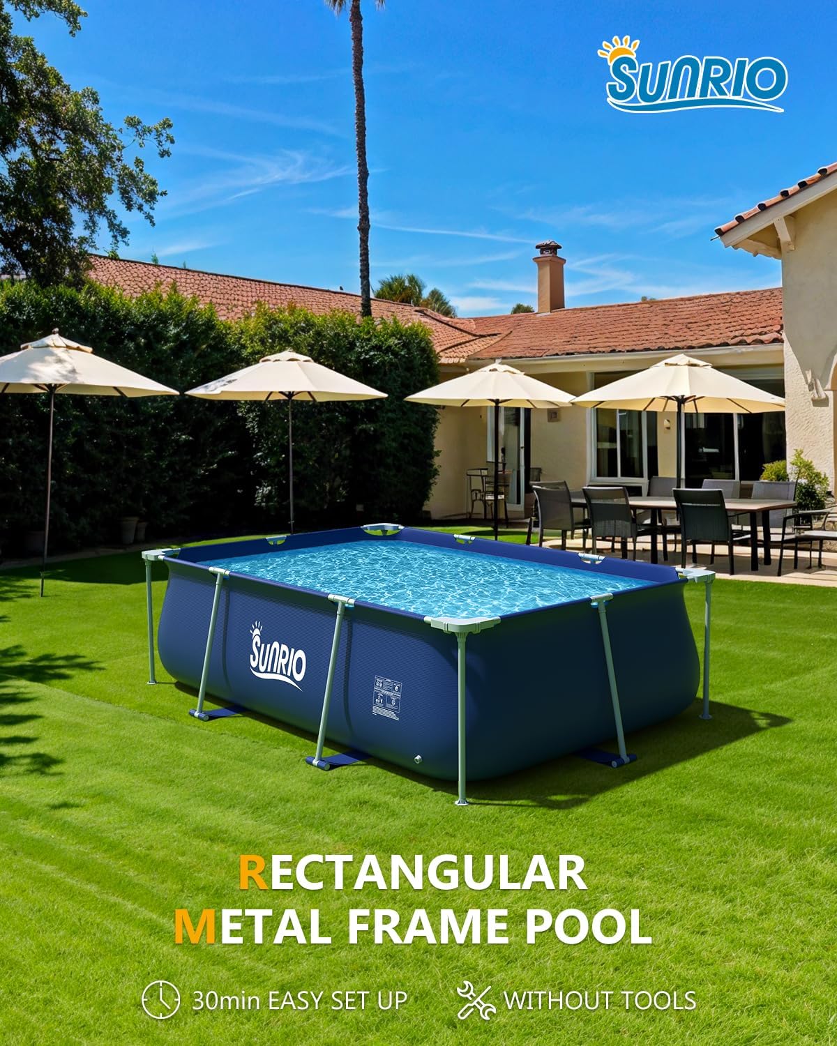 8'3"*5'*26" Rectangle Above Ground Swimming Pool Metal Frame Family Pool for Kids and Adults Outdoor Backyard Swimming Capacity 600 Gallon Dark Blue(Pool ONLY)