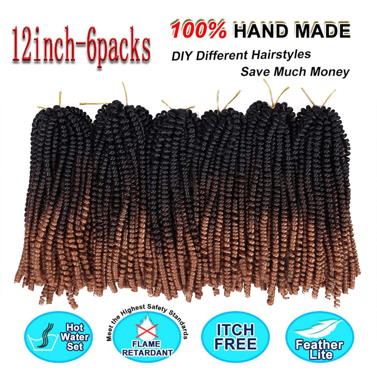 6Packs Spring Twist Braiding Hair Spring Twists Twist Hair Synthetic Fiber Fluffy Twist Crochet Braids Low Temperature Fiber Crochet Hair for Women Braiding Hair(12inch,T1B/4/30)