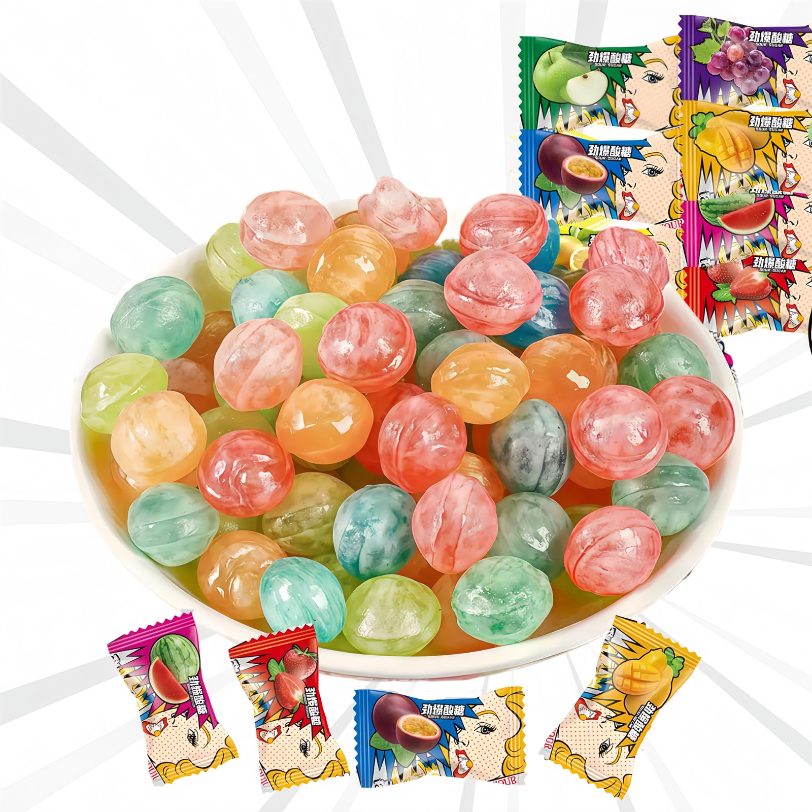 MKSDDF-140g Super Sour Candy Fruit Flavored Hard Candy Assorted Sour Candy Individually Wrapped Sour Candy Variety Pack-Mix and Match-Apple, Lemon, Blueberry, Strawberry,Grape