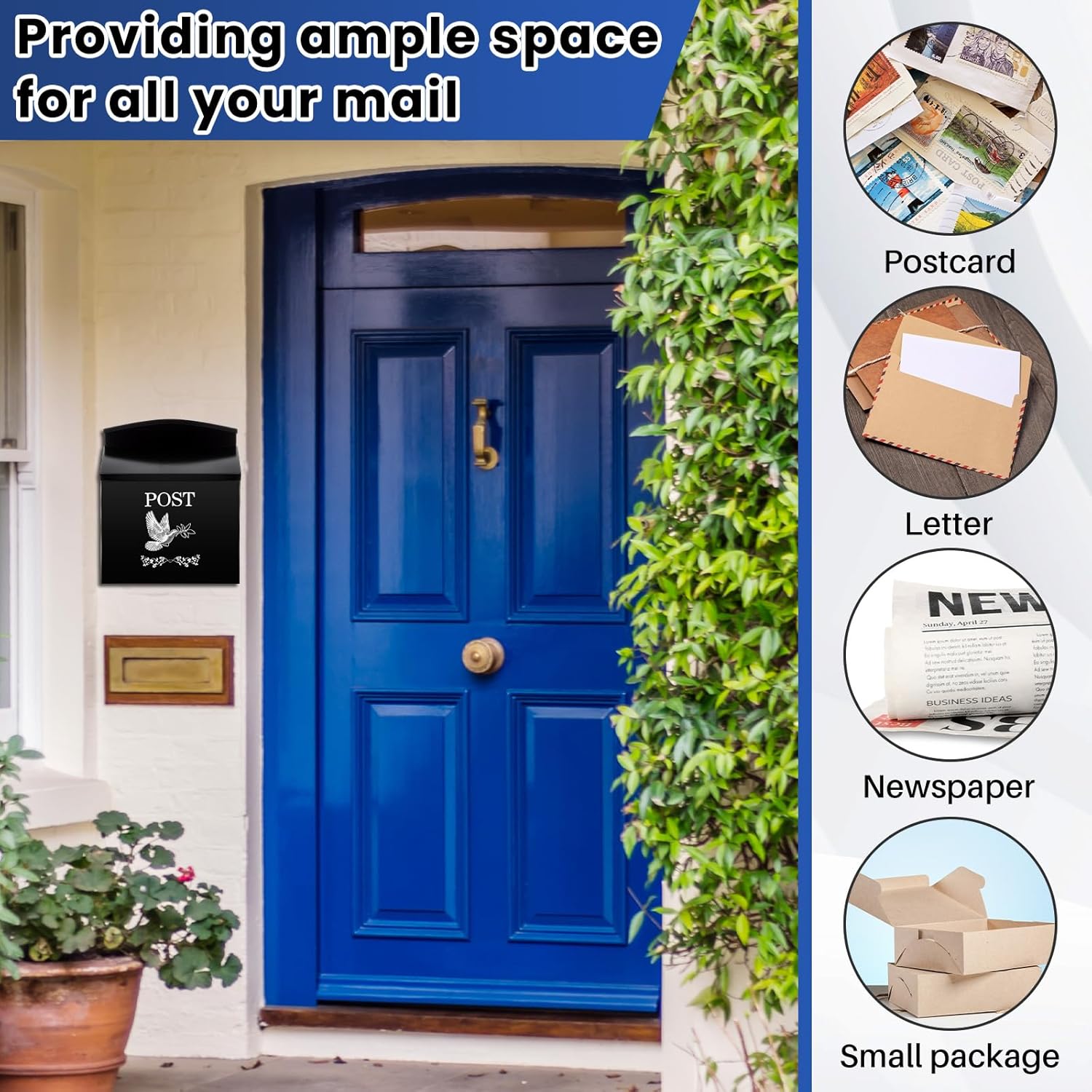 Wall Mount Mailbox for Outside, 13.4 x 11.4 x 4.7 inches, Large Capacity Steel Hanging Metal Mail Box, Waterproof Modern Post Box for Outside Home Office