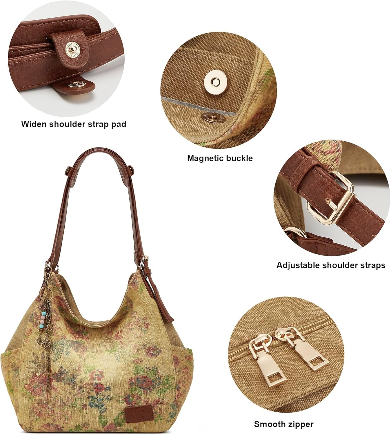 Worldlyda Women Canvas Hobo Purse Multi Pocket Tote Shopper Shoulder Bag Casual Top Handle handbag with Embroidery Ethnic - Image 5