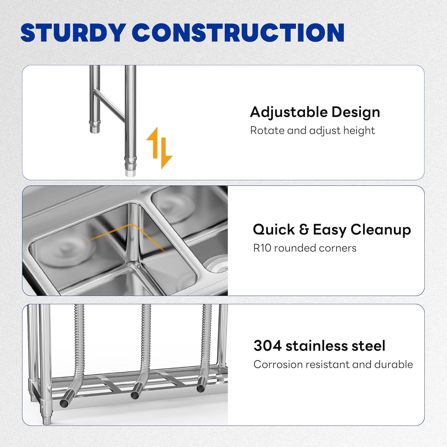 DWVO Stainless Steel Utility Bar Sink, 3 Compartment Free Standing Small Sink with Backsplash, 39in Commercial 3 Bay Sinks with shelf for Garage, Restaurant, Kitchen, Laundry