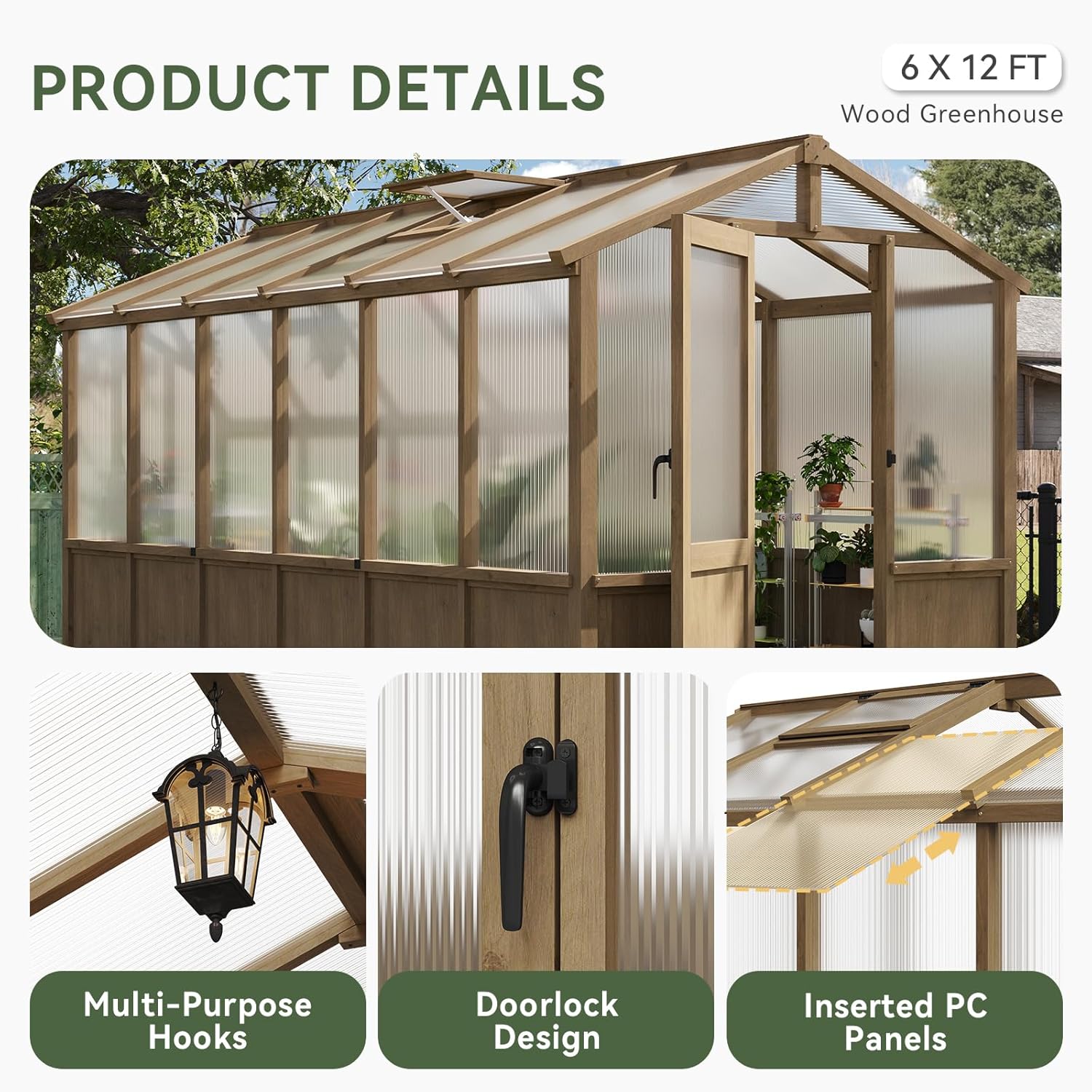 Aoxun 6x12 FT Wooden Greenhouse for Outdoors, Polycarbonate Panel Walk-in Green House Kit with Adjustable Roof Vent and Lockable Door, Heavy Duty Cedar Greenhouse for Outside, Backyard Garden, Gray