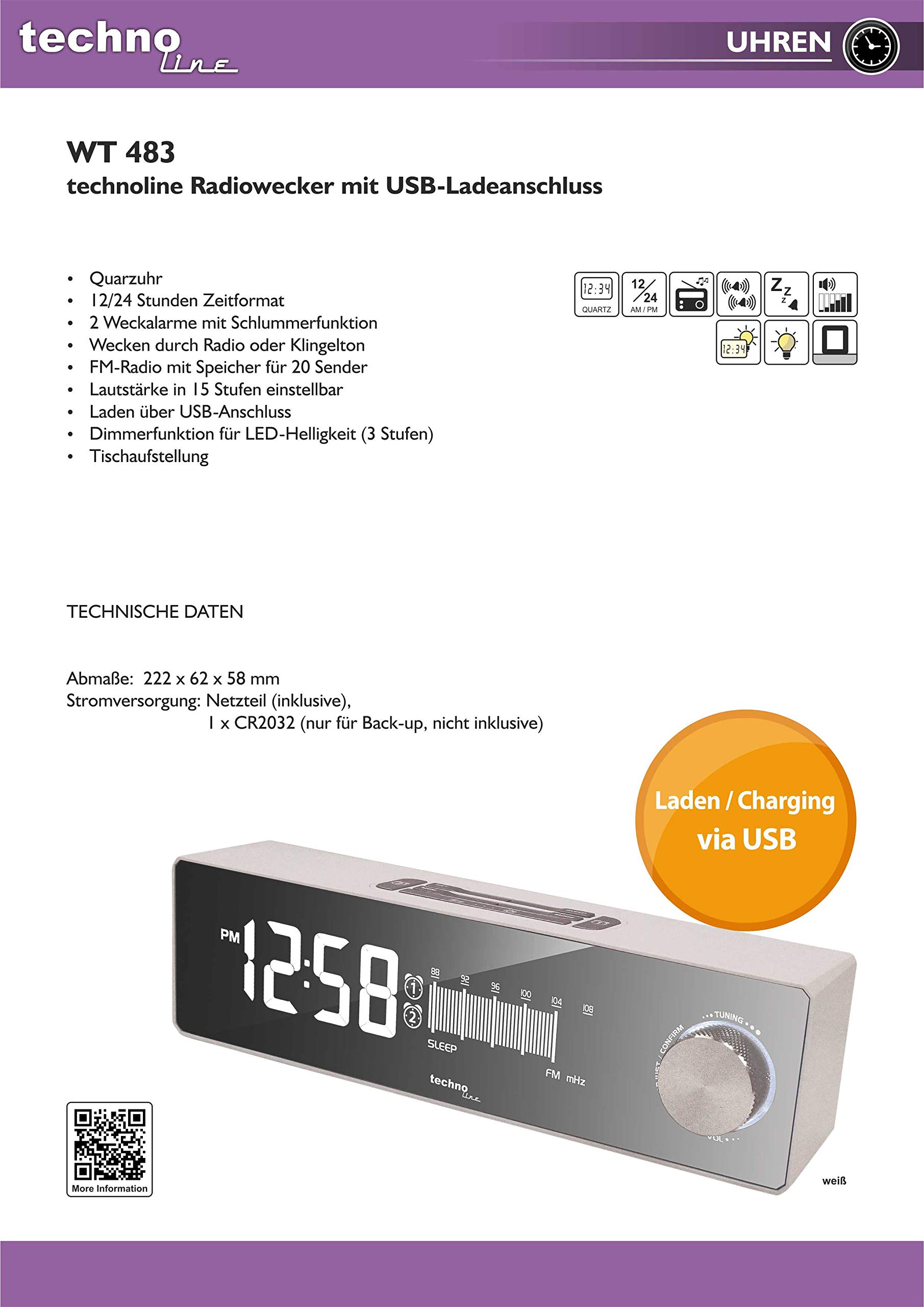 Technoline WT 483 - Radiosveglia con Porta di Ricarica USB, Effetto retrò