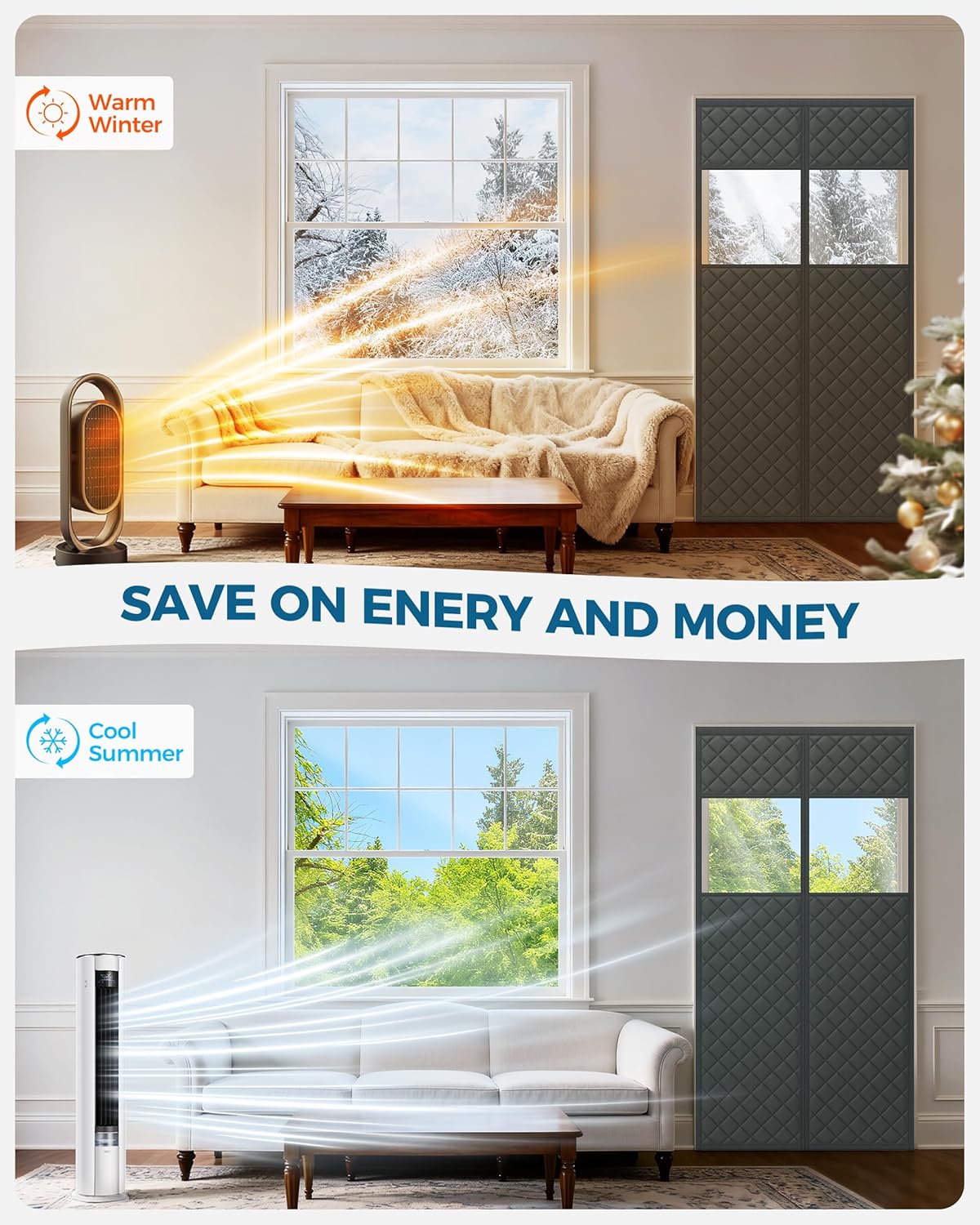 Augblinds Magnetic Thermal Insulated Door Curtain Fits Door Size 36" x 82", Oxford Cloth Thicken Cotton Fiber Filled, Self-closing Screen Insulation Cover Keep Warm in Winter, with Clear Windows, Grey