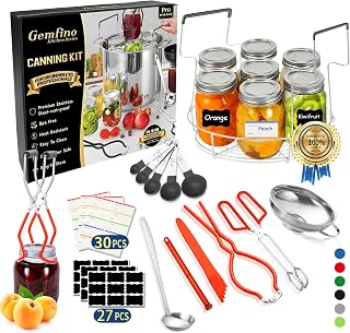 Canning Supplies Starter Kit with Canning Rack,Canning Kit for Beginners 11 Pcs, Jar Lifter, Funnel, Wrench, Tongs, Lid Lifter, Bubble Popper, Labels, Ladle, Measuring Spoon - Red