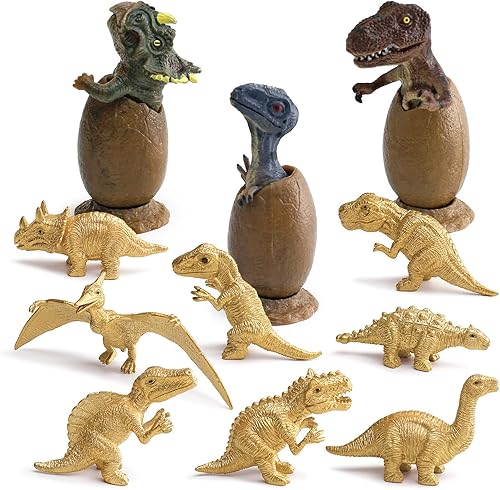 Juego de figuras de dinosaurios dorados y huevos de dinosaurio para niños, decoración de fiesta de cumpleaños, centro de mesa, decoración de tartas,
