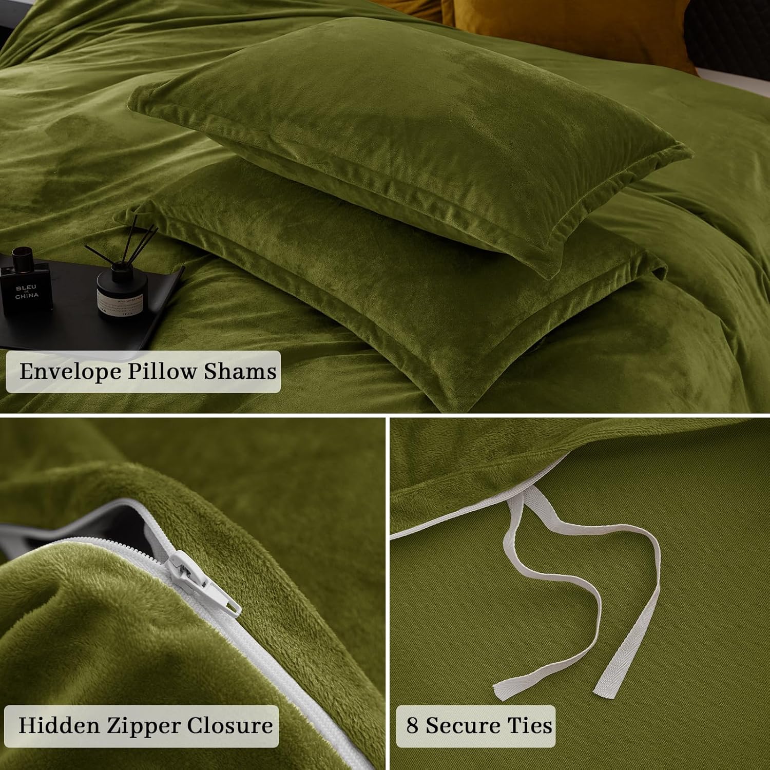 PHF Super Soft Velvet Duvet Cover King Size, 3pcs Luxurious Warm Velour Fluffy Bedding Set with 8 Ties, Cozy Breathable Flannel Comforter Cover with Pillow Shams, Zipper Closure, 104"x90", Olive Green
