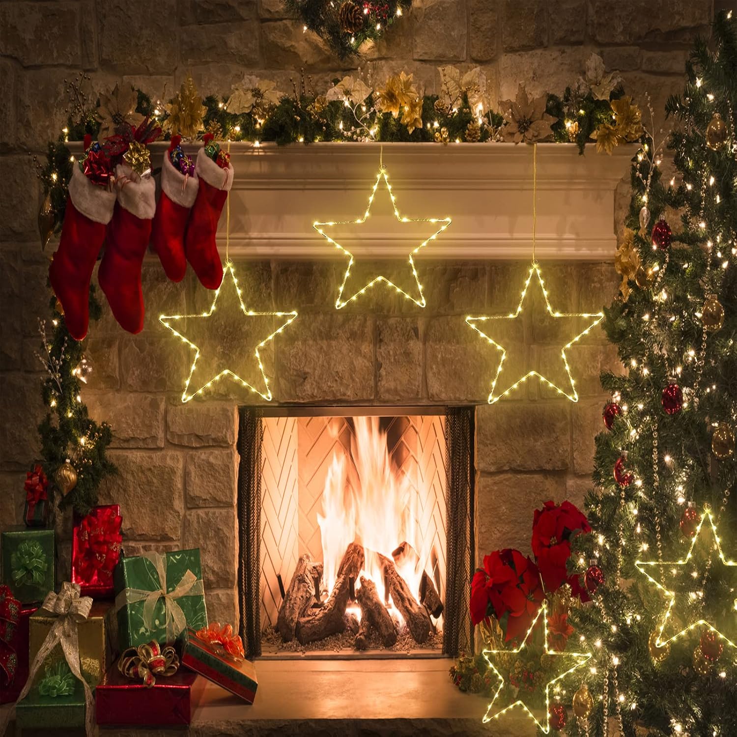 LED Christmas Window Star Decoration - 5 Pack 200 Hanging Star Lights Battery Operated 8 Modes with 5 Remote Controls for Indoor, Outdoor Christmas Window Decorations, Porch, Warm White