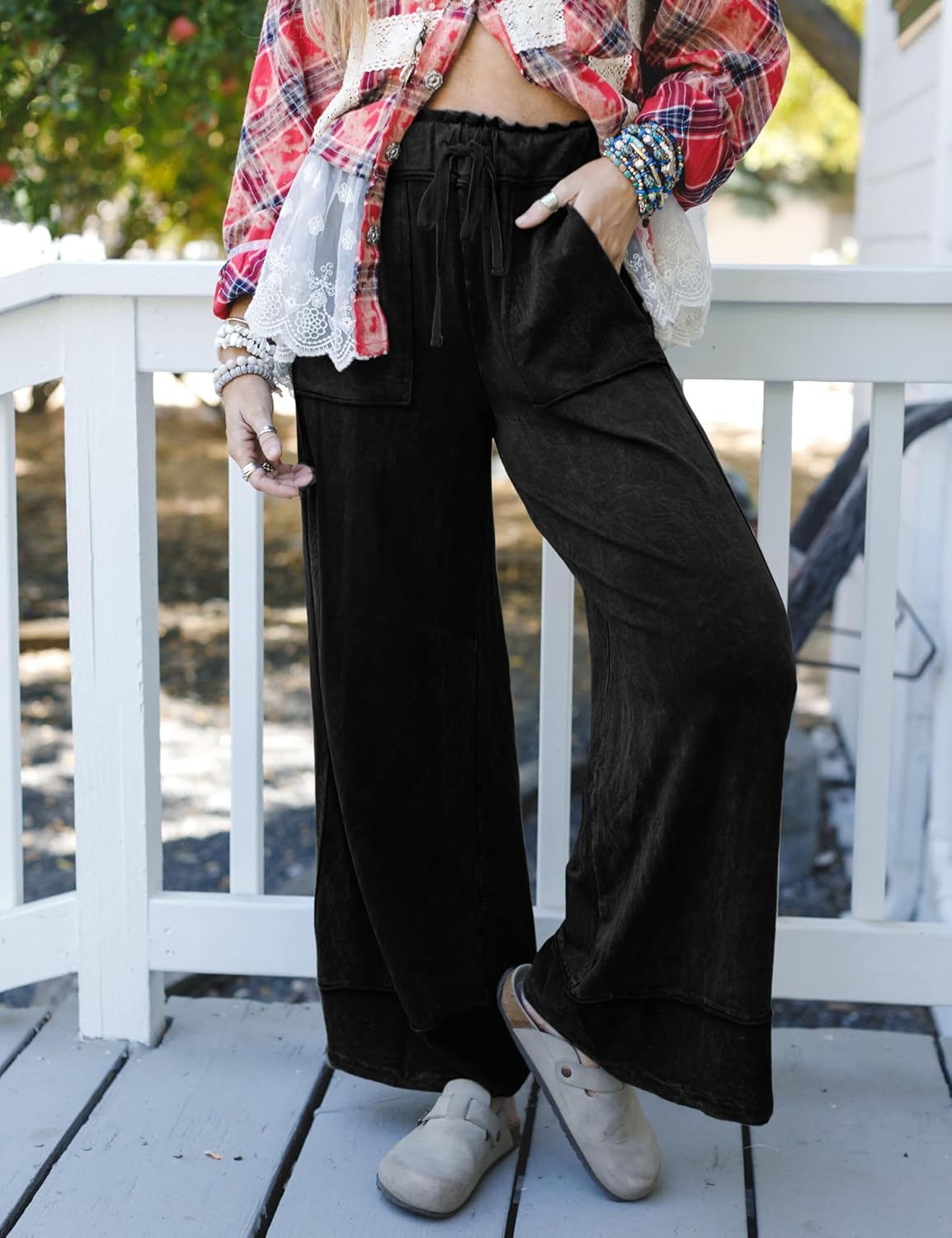 Athlisan Womens Casual Wide Leg Sweatpants Acid Wash Elastic Waisted Palazzo Pants Trousers with Pockets - Image 7