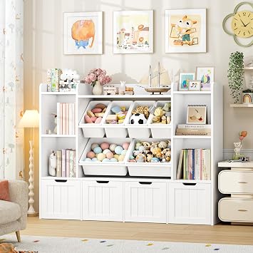 FINETONES 55.1 Toy Storage Organizer with 6 Toy Bins, Large Toy Organizer Kids Bookshelf with 4 Movable Drawers and 4 Cubbies, Toy Bins for Playroom Storage for Kids Room, White